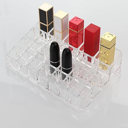 Miniatura 6 de AOKIVIGOA Organizador de lápiz labial acrílico para soporte de maquillaje cosmético, transparente, 26 rejillas para brillo de labios, aceites