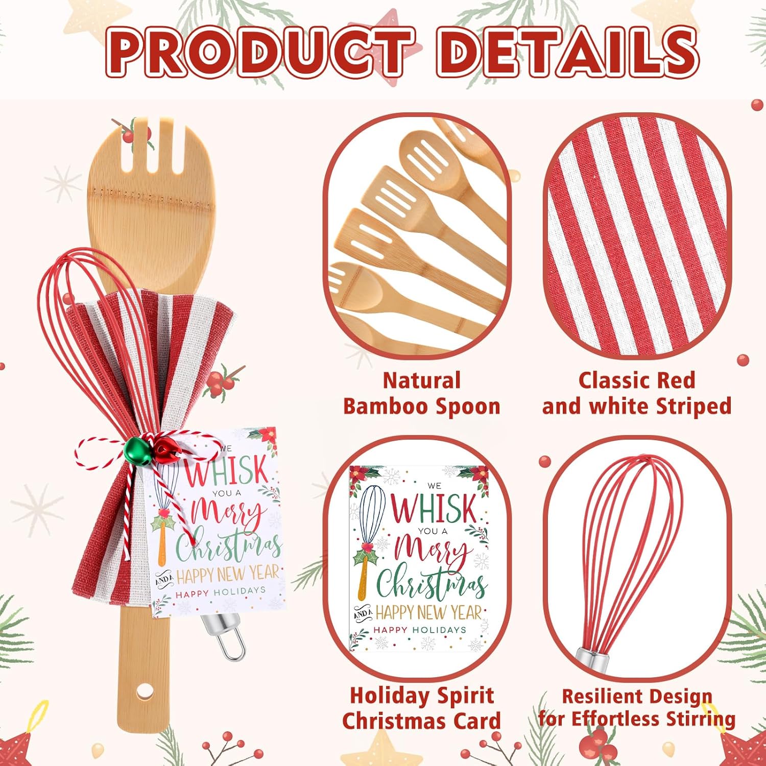 24 Set Christmas Whisk Kitchen Utensils Supplies Gifts Sets Christmas Spatulas Stainless Steel Whisk Bamboo Spoons Towel Greeting Card Bells for Xmas Cooking Employee Stocking Stuffer