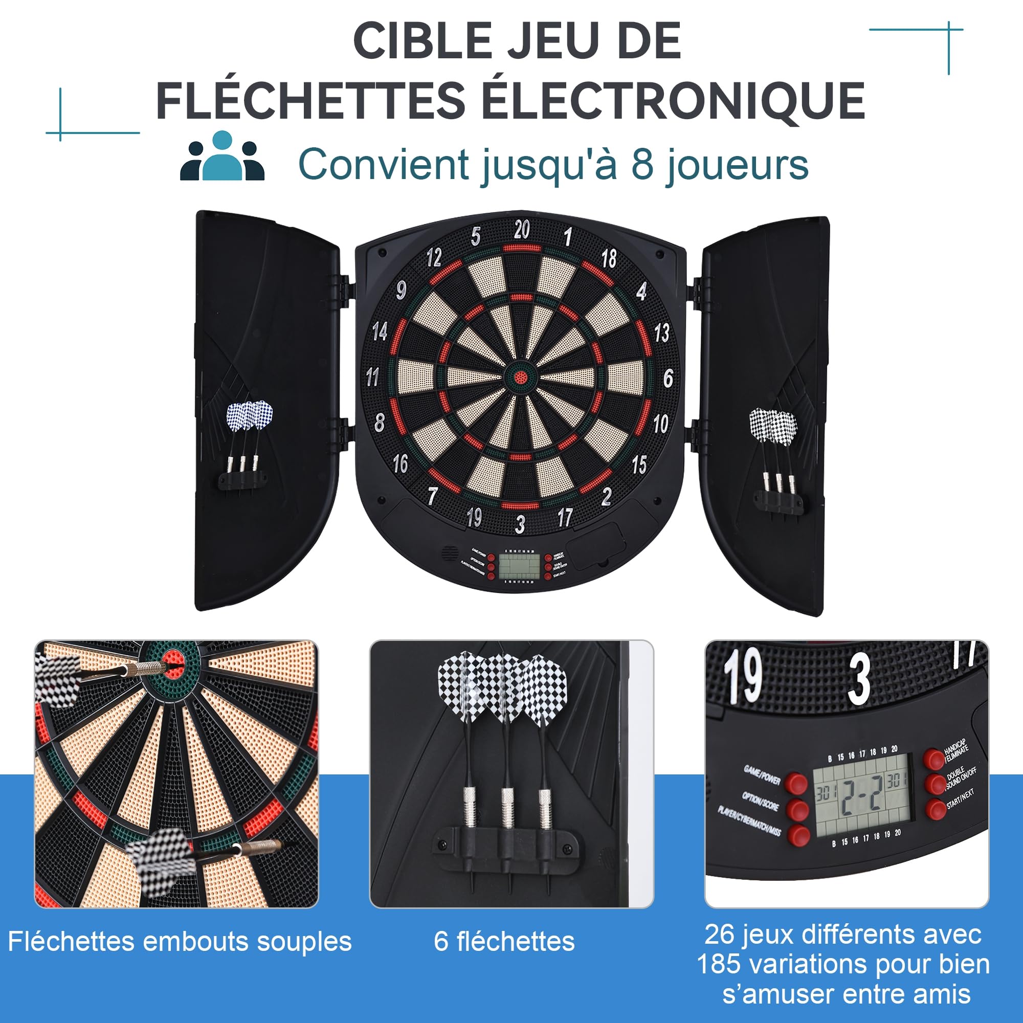 HOMCOM Cible de Jeu de Fléchettes Électronique Refermable avec 26 Jeux, Affichage LCD, Haut-Parleur, jusqu'à 8 Joueurs, Noir