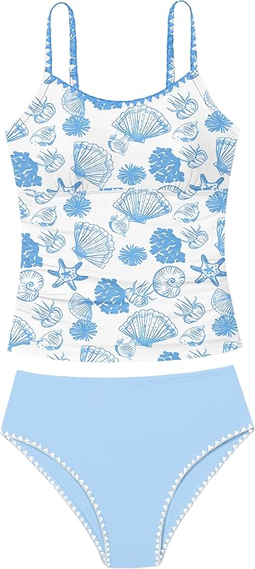 Girls Swimsuit Solid Color Tankini Contrast Trim Swimwear 2 Piece Bathing Suit Padded Swimsuits for Teens 9-16Y