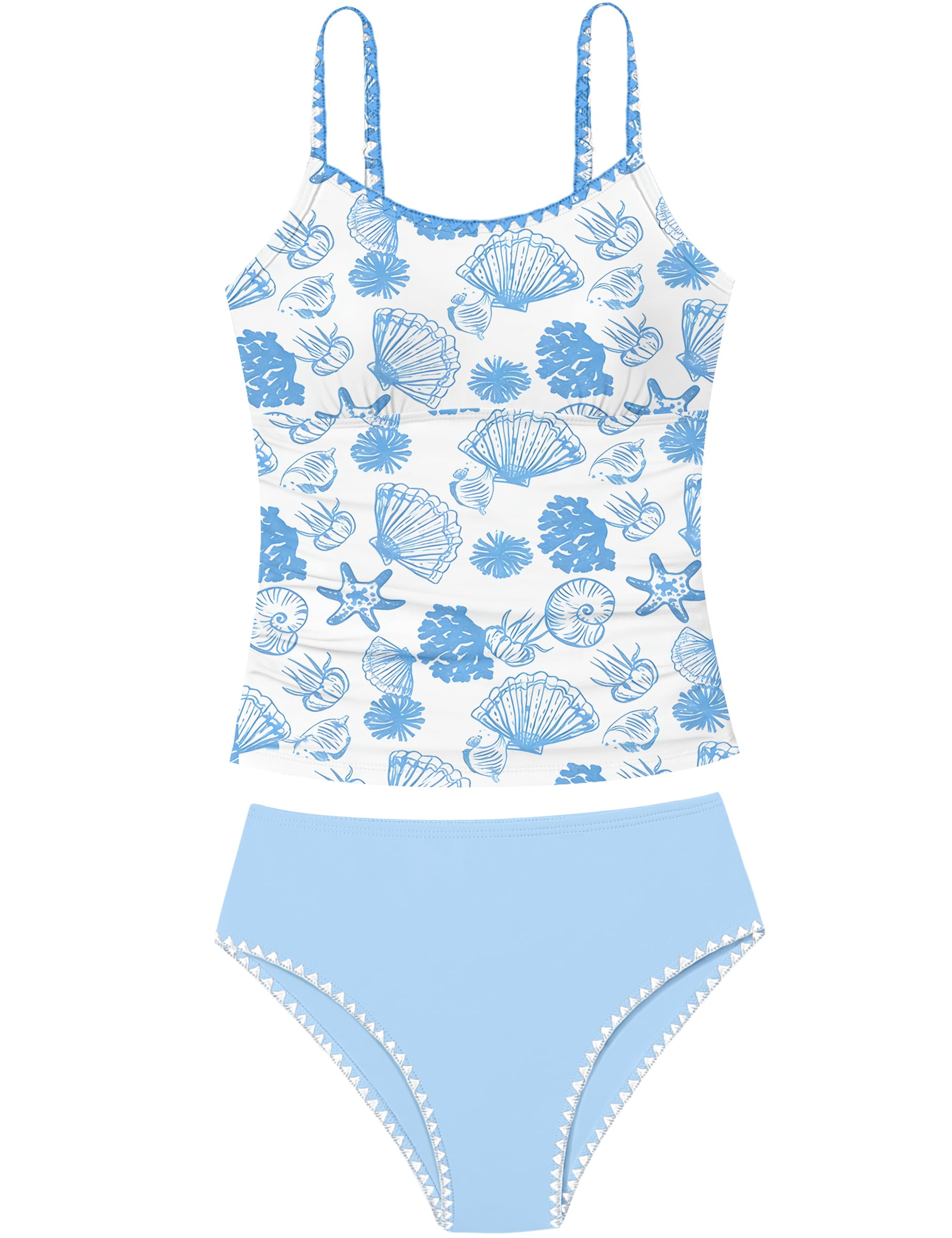 Girls Swimsuit Solid Color Tankini Contrast Trim Swimwear 2 Piece Bathing Suit Padded Swimsuits for Teens 9-16Y