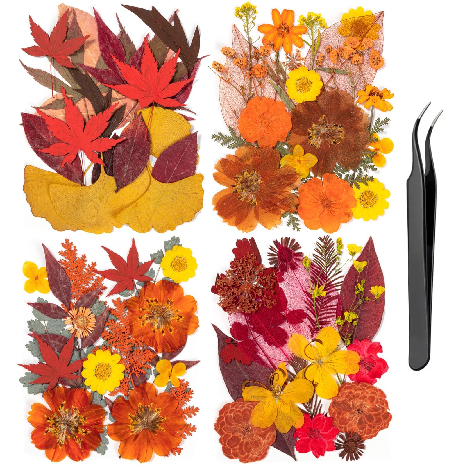 78 Pcs Fall Dried Pressed Flowers with Tweezer, Fall Themed Real Dried Flowers Leaves for DIY Crafts Resin Molds, Yellow Orange Dried Flowers for Autumn Halloween Thanksgiving Decorations