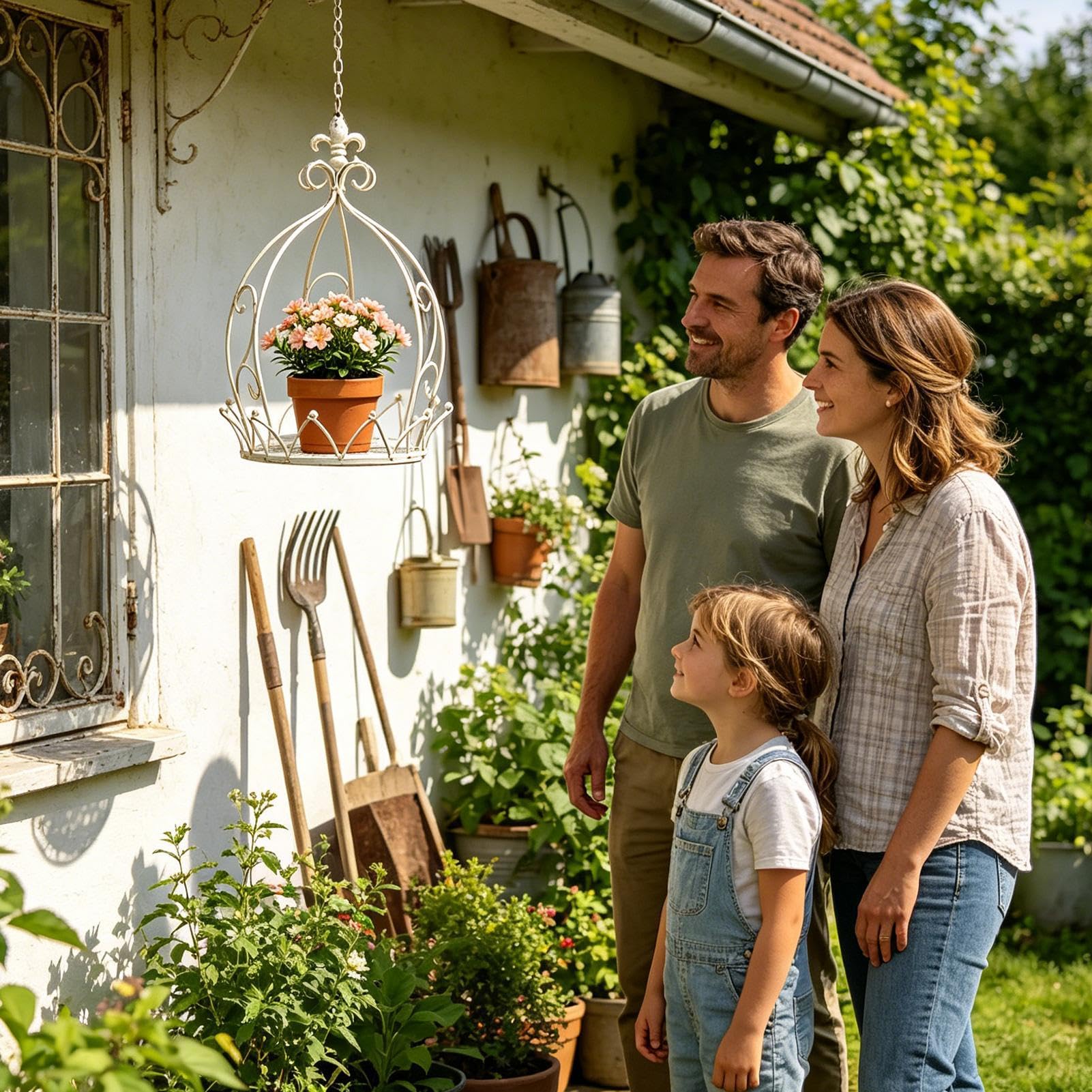 Suspension pour d'intérieur avec chaîne et panier décoratif en métal