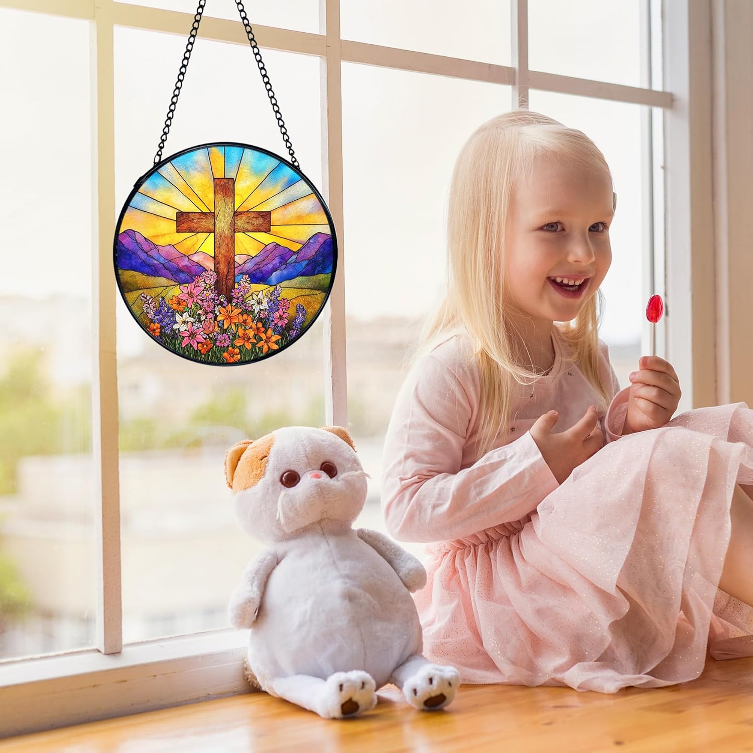 Cross Flower Suncatchers Stained Glass Window Hanging, Christian Wildflower Landscape Sun Catchers Indoor Window Glass Round Wall Decor, 7.9x7.9in - Image 5