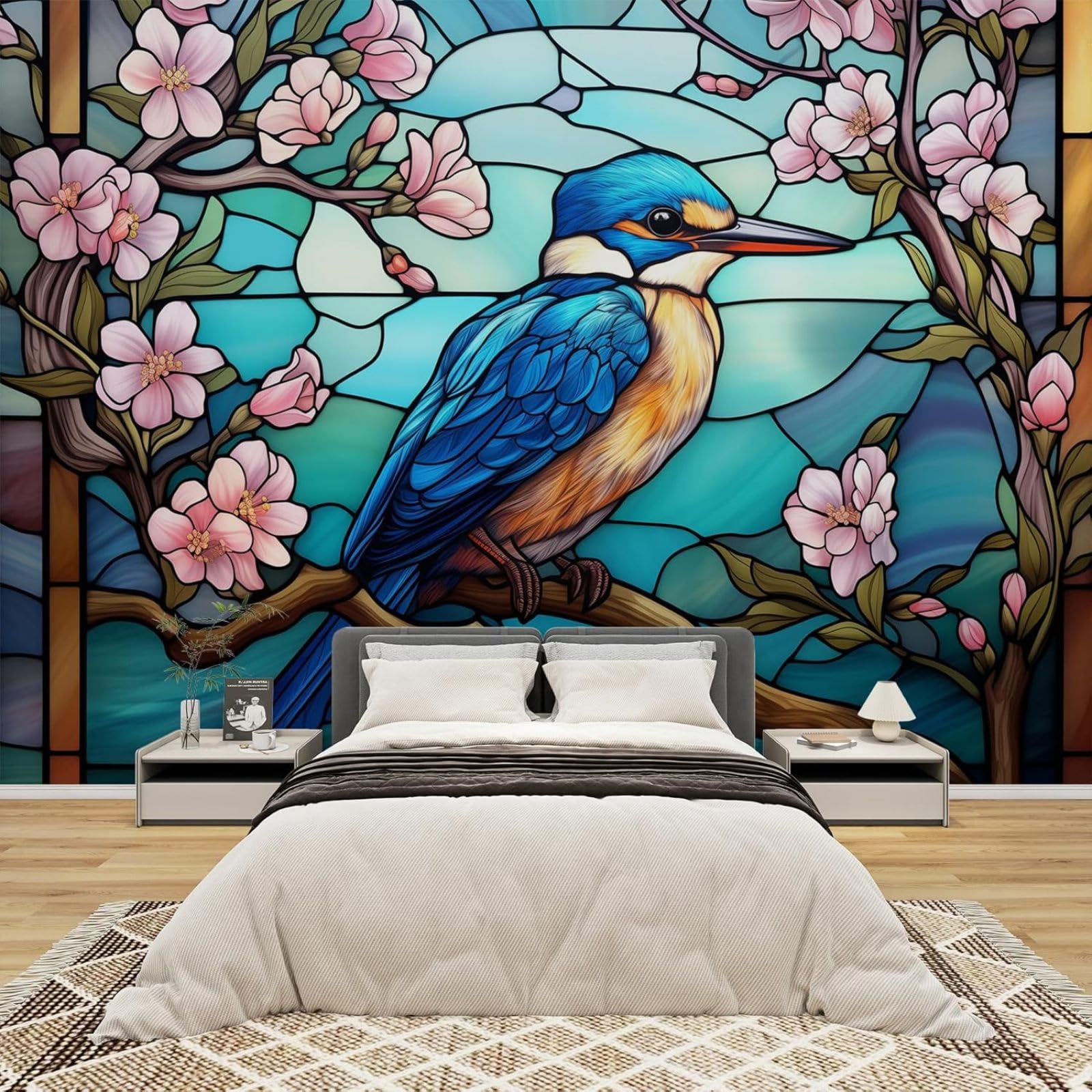 Fototapeta styl mozaiki ptak kwiaty motyw włóknina nowoczesny salon sypialnia pokój dziecięcy dekoracja ścienna motyw tapeta, 430 cm x 300 cm naklejki - obraz bez ramy - plakat