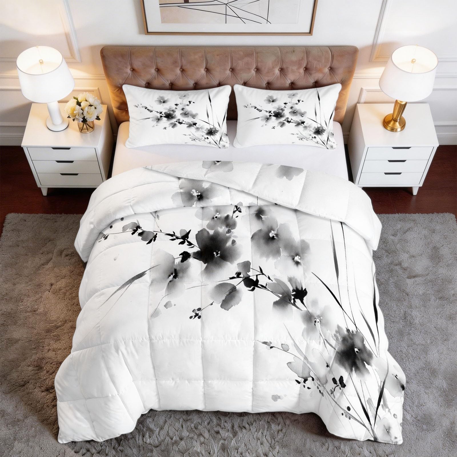 Trapunta Matrimoniale 150x200 cm Fiori selvatici astratti in bianco e nero Piumone 4 Stagioni Microfibra Traspirante Morbida, Trapuntino Copriletto Stampa 3D con 2 Federe 50x80 cm