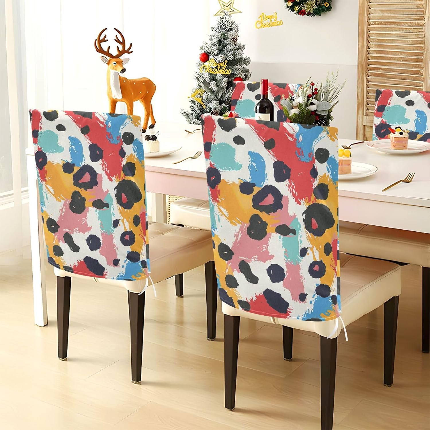 ALAZA Bright Color Leopard Spots Chair Back Cover Set of 6, Washable Reusable Removable Chair Slipcovers Decorative Chair Cover for Home Kitchen Wedding Party