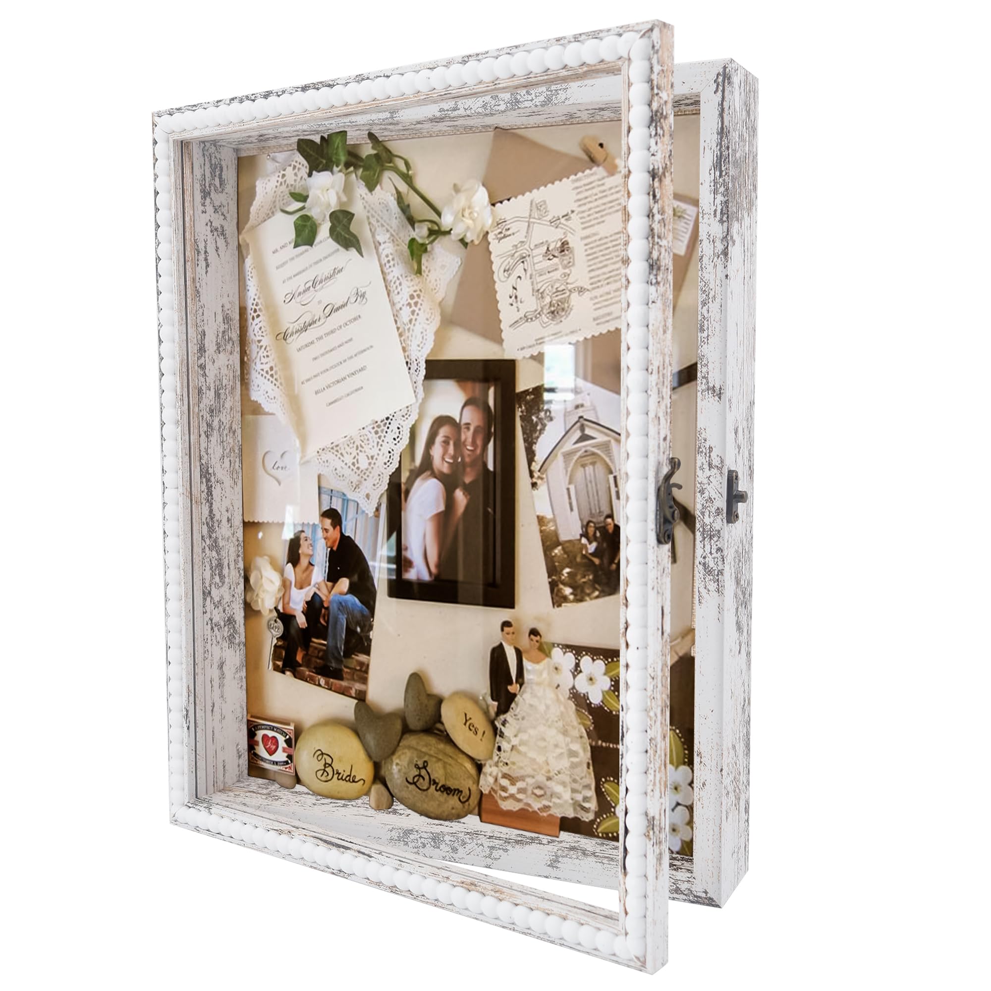 Pudełko na cienie 12 x 16 cm z drzwiami okiennymi głęboka ramka na zdjęcia bukiet ślubny pamiątki medale zdjęcia pudełko pamięci-duża ramka na cienie z unikalnym wzorem koralików biała