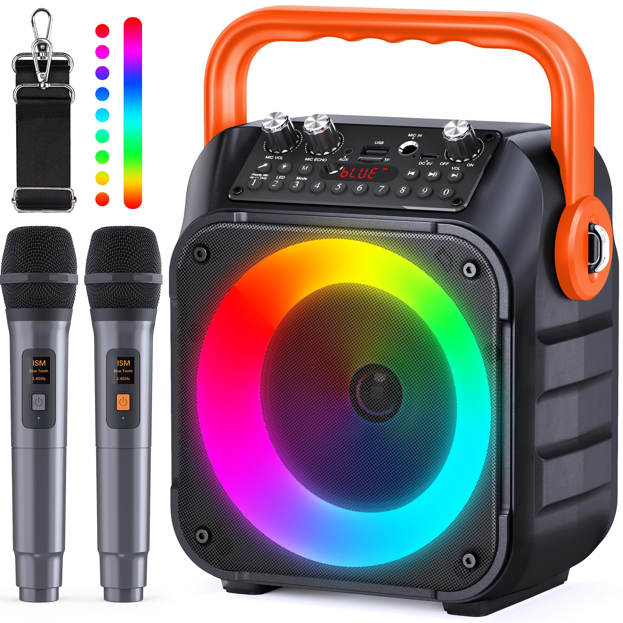 Karaoke Machine with Two Wireless Microphones, Portable Karaoke Machine for Adults & Kids, Portable Bluetooth Speaker with PA System, LED Lights, Supports TF Card/USB, AUX in, FM, USB,TWS (Orange)