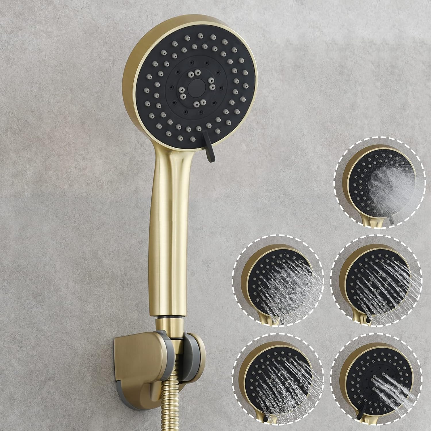 Tecmolog Brushed Gold Handheld Shower Head ABS Plastic 5 Functions Shower Head with Hose and Bracket, BS144J2F