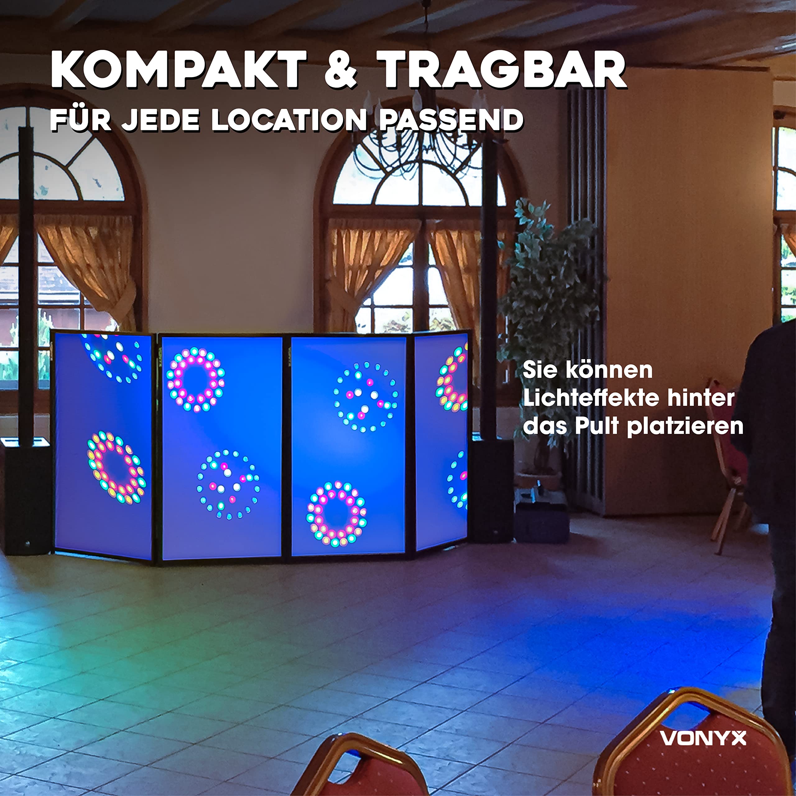 Vonyx DB2 DJ Screen, Verkleidung für DJ Pult zusammenklappbarer und mobiler DJ Stand, 280cm x 120xm, Booth, mit integrierter Leinwand für ein professionelles Bühnenbild, Weiß
