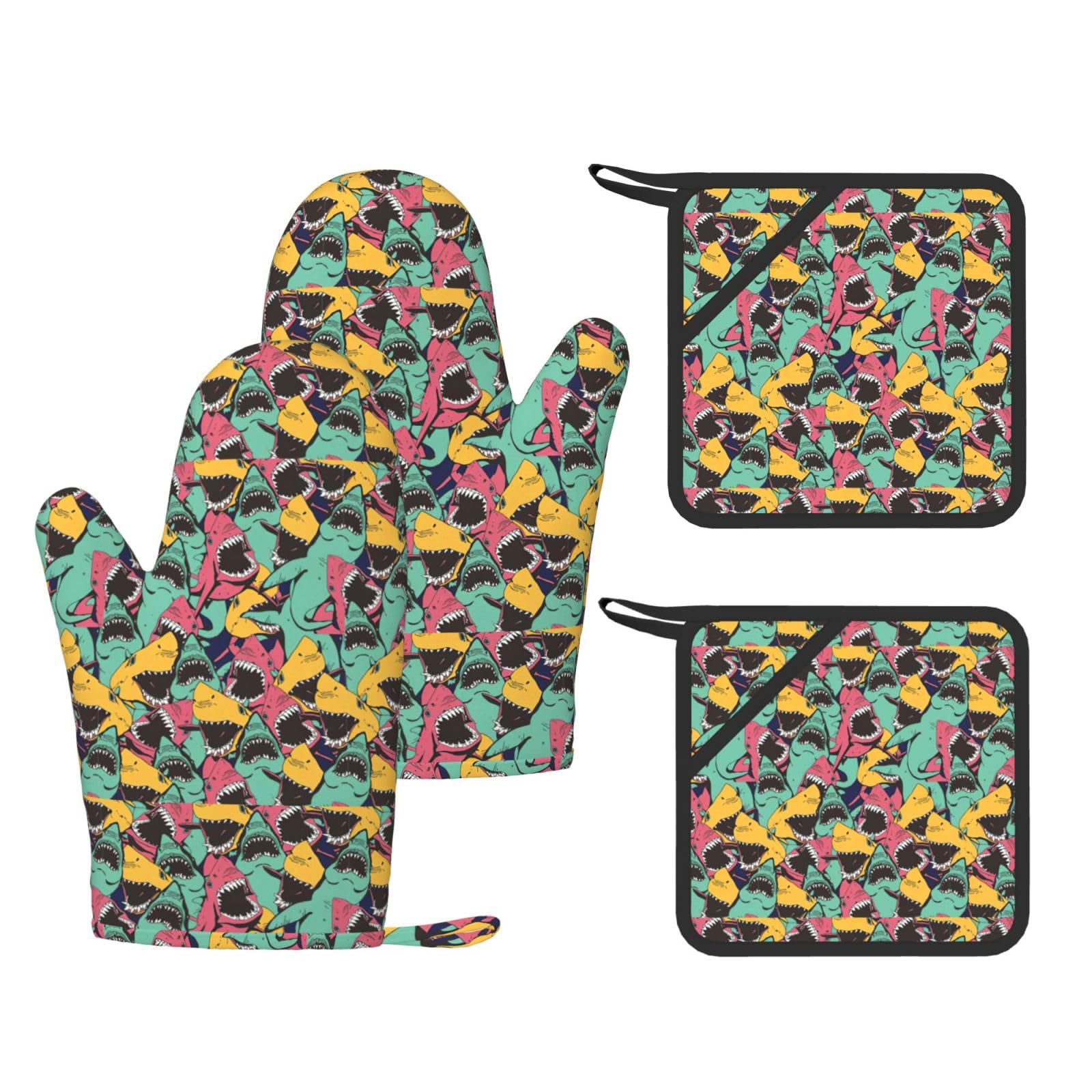 Shark Pattern Printed Cooking Mitts and Pot Holders 4 Pcs, Heat Resistant Oven Gloves with Hanging Loop Chef