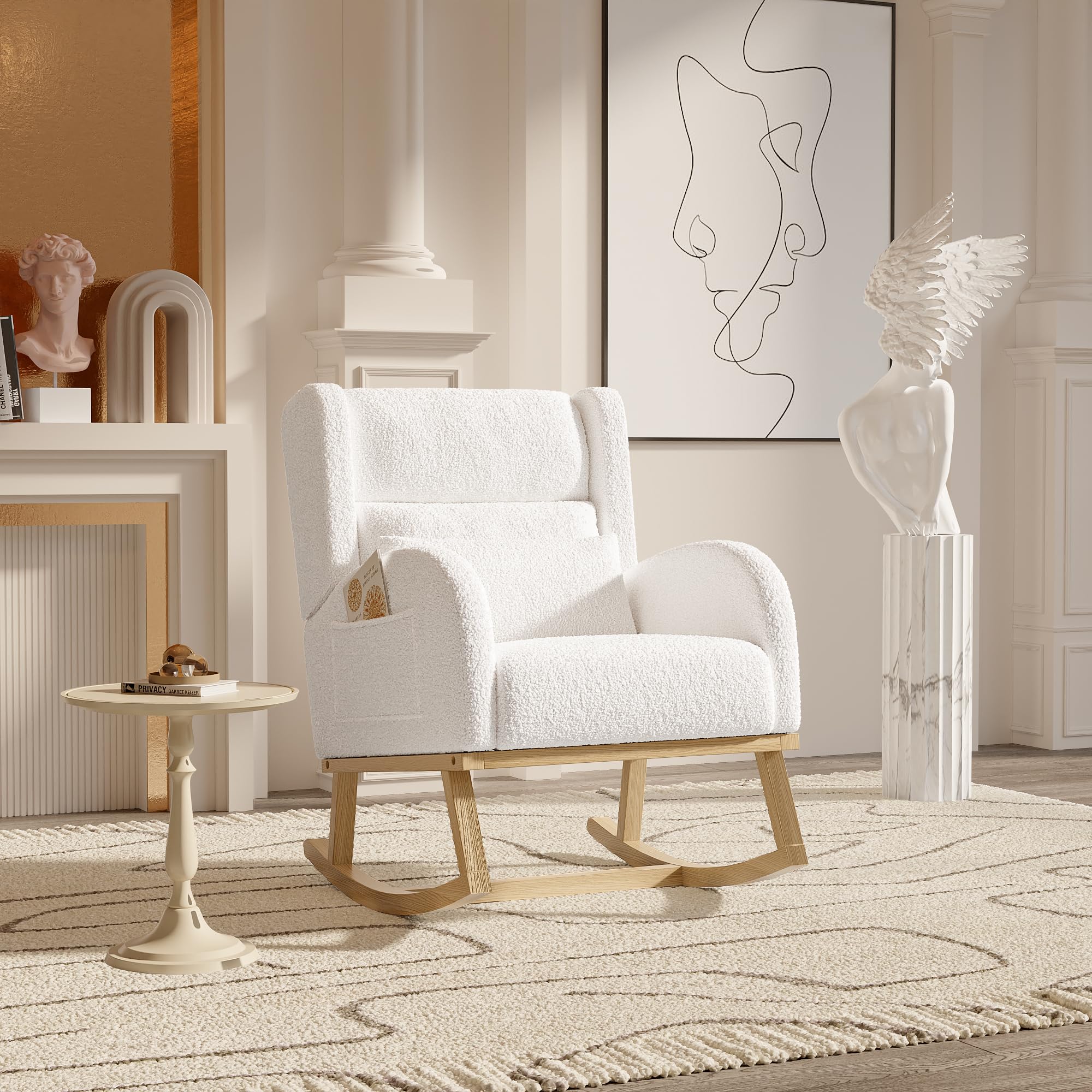 Sillón de lactancia con cojín, Silla mecedora con bolsillos, Mecedora interior exterior, Silla de lactancia para habitación del bebé, Silla mecedora para habitación, Balcón (Blanco-3, 65x92x89