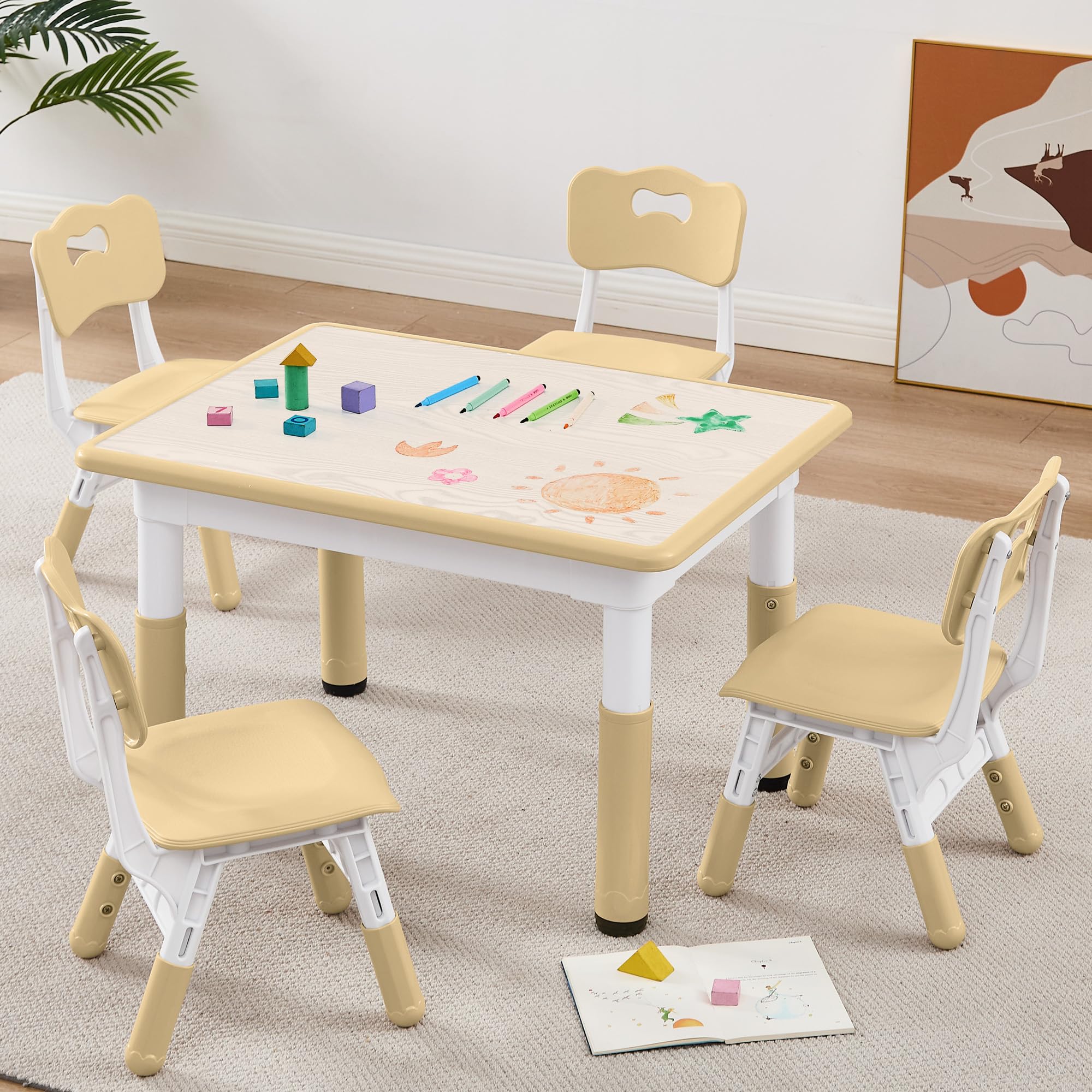 SwemDec Kids Table and 4 Chairs, Height Adjustable Toddler Table and Chair Set, Graffiti Desktop, Multi-Activity Kids Table and Chair Set for Home, Classroom & Daycare