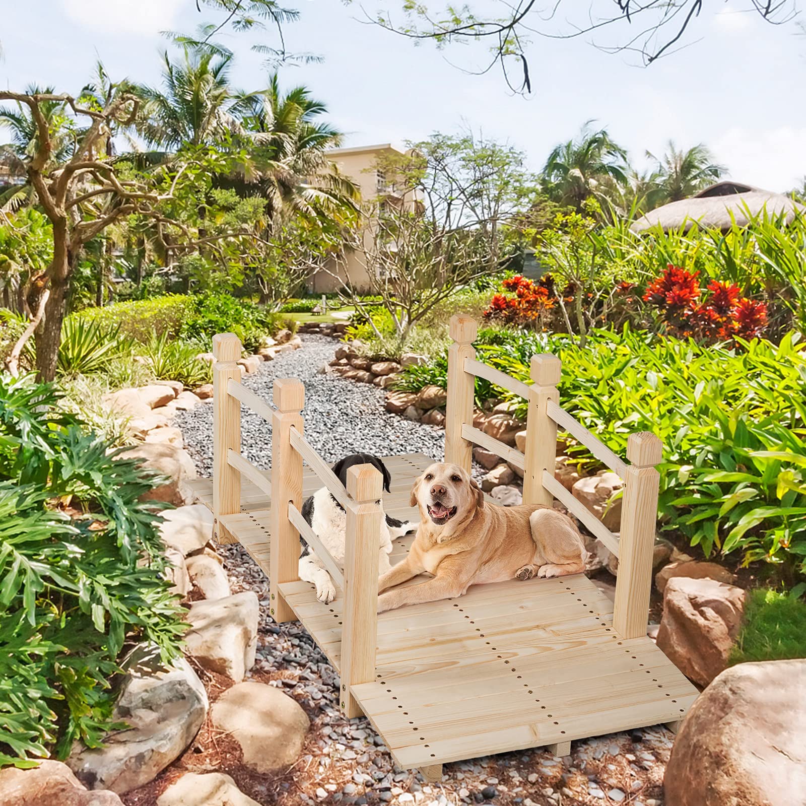 GOPLUS Puente de Madera Rústica y Maciza con Mano Corriente, Decoración de Jardín, Puente de Estanque, Soporta Peso Máximo 100 KG, 150 x 67 x 55 CM, Natural