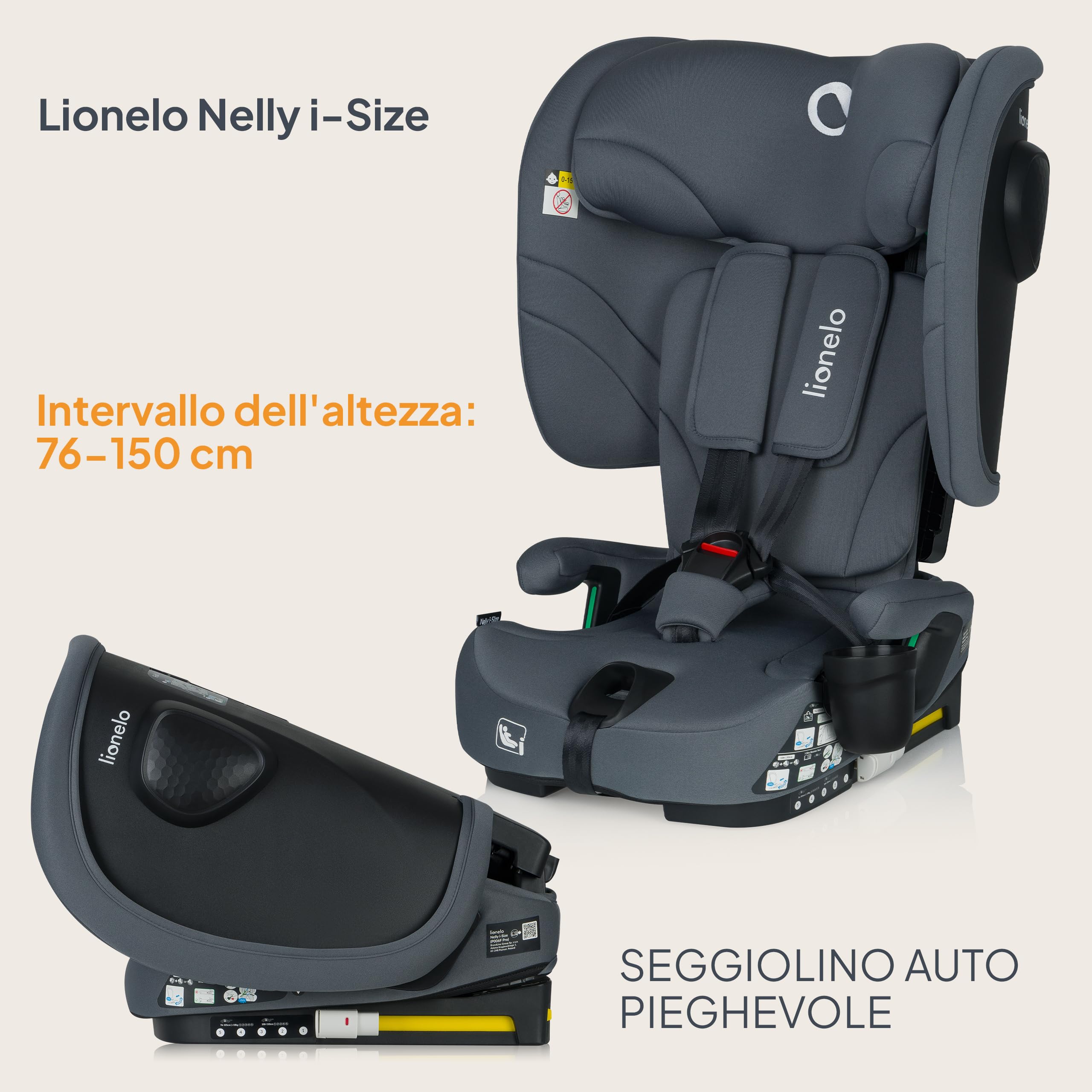LIONELO Seggiolino Auto NELLY I-SIZE Pieghevole per Bambini 76-150 cm,15 mesi - 12 anni, Gruppo 123 Installazione in avanti con ISOFIX e Cinghia, Protezione Laterale, Regolazione