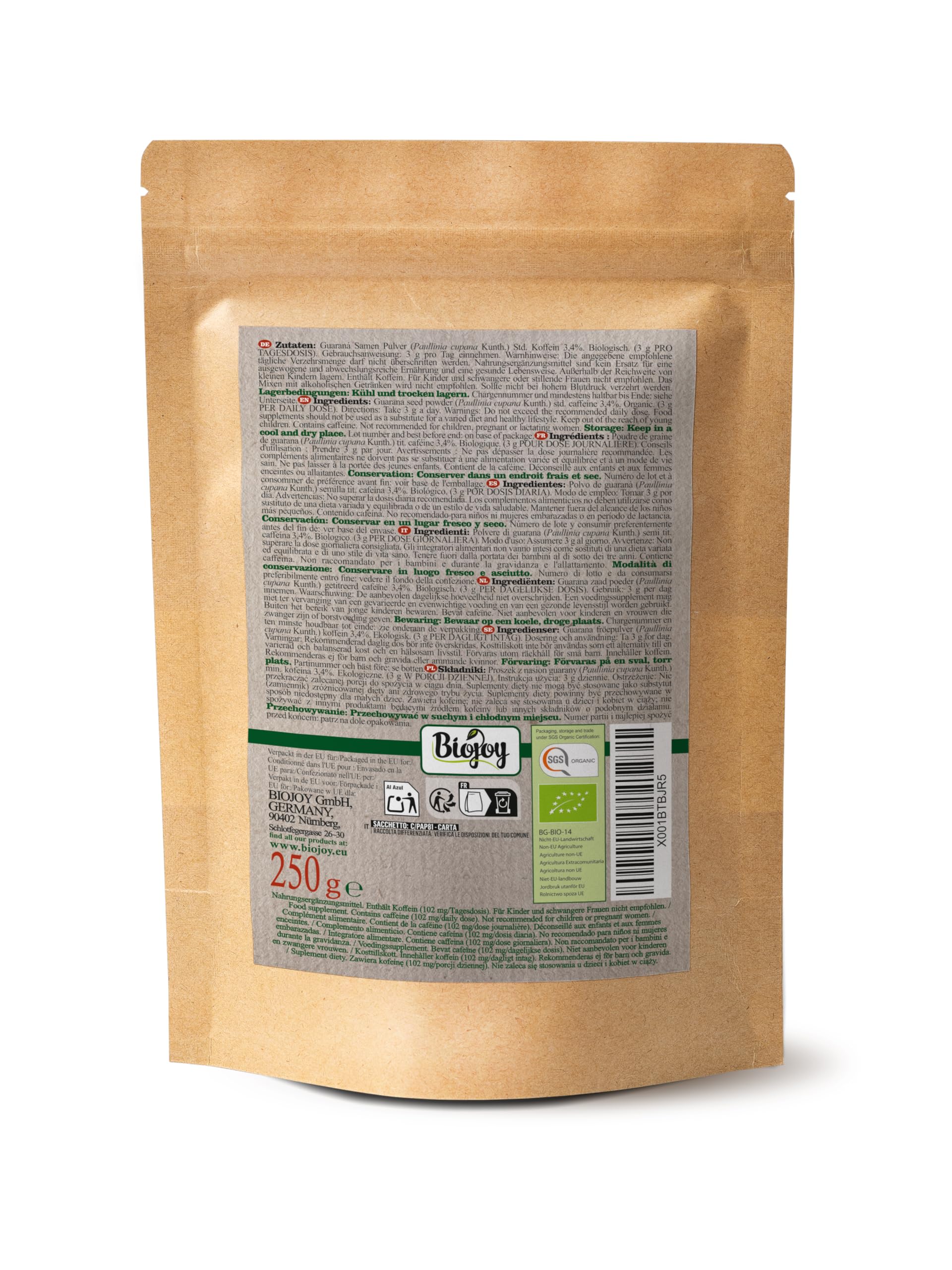 Biojoy BIO-Guarana Pulver (250 g), natürlich und ohne Zusätze, Guarana Tee (Paullinia cupana Kunth.)