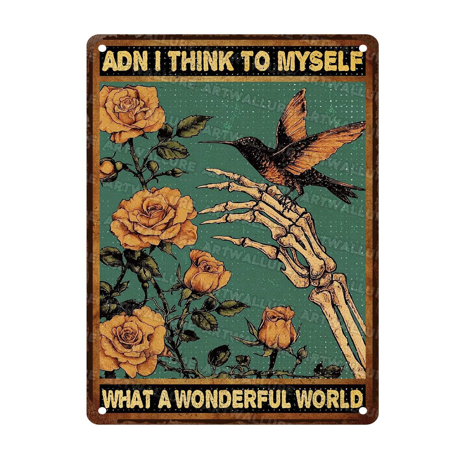Hummingbird Vintage Sign What a Wonderful World Metal Tin Sign Gothic Skull Hummingbird Sign for Home Coffee Garden Wall Decor 12x16Inch