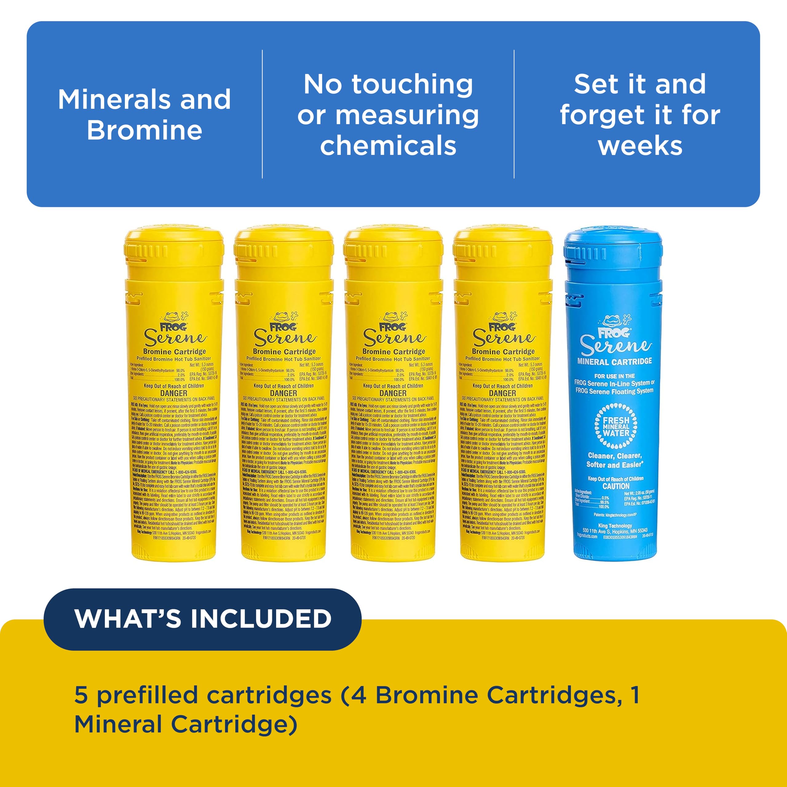 FROG Serene - Kit de cartucho de repuesto mineral y bromo para uso con el sistema de desinfección flotante FROG Serene, precargado para un mantenimiento rápido y fácil de la bañera de hidromasaje