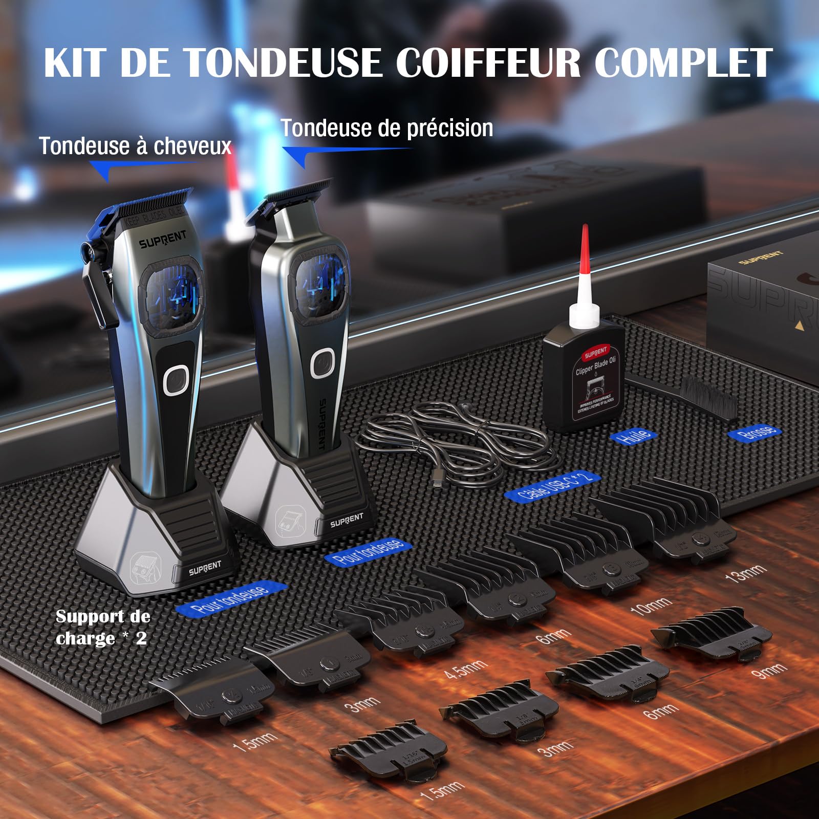 SUPRENT Tondeuse à cheveux professionnelle pour homme - Lame fade revêtue de titane - Lame en T réglable Zero-Gap - 5 niveaux de longueur - Peignes de guidage magnétiques - Batterie 2500 mAh et