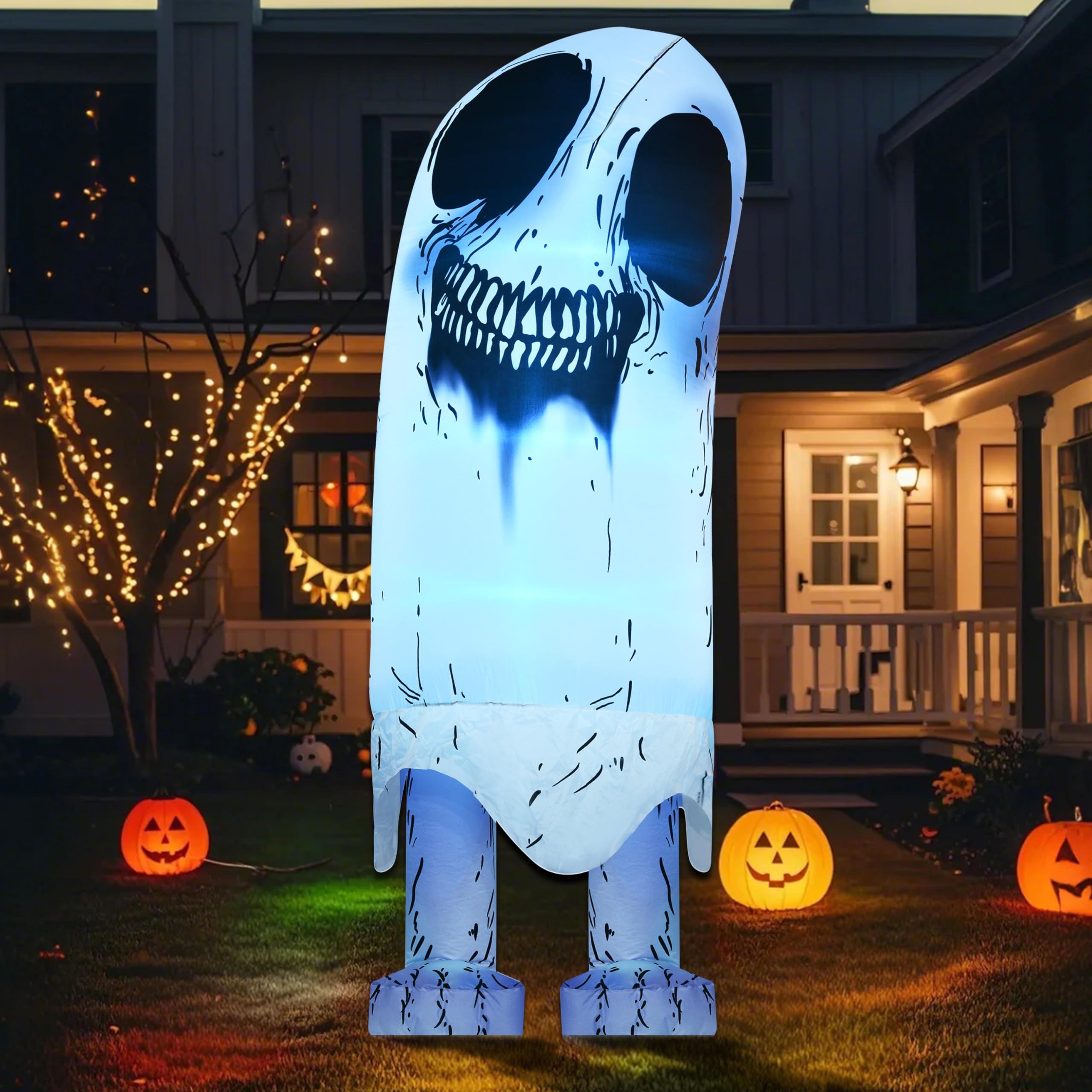 8FT Halloween Inflatables Yard Decor, Giant Sneering Barefoot Ghosts, Outdoor Blow Ups with Built-in 7 Color LED Lights for Lawn, Garden, Party