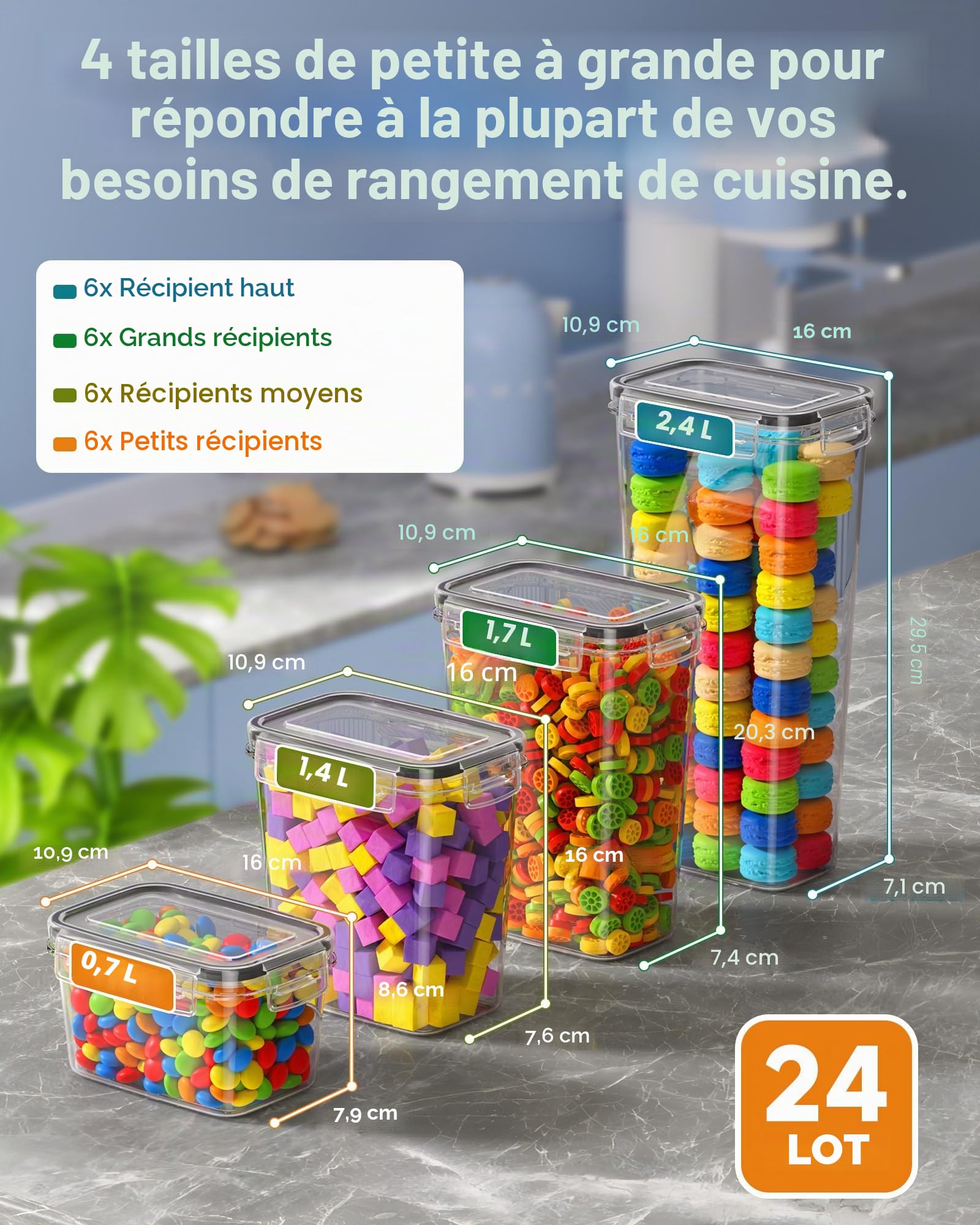 KEMETHY Boite Hermetique Alimentaire Lot de 24,Boite Rangement Cuisine en Plastique Scellée avec Couvercle pour Céréales,Pâtes,Farine,Sucre,avec étiquette,marqueur
