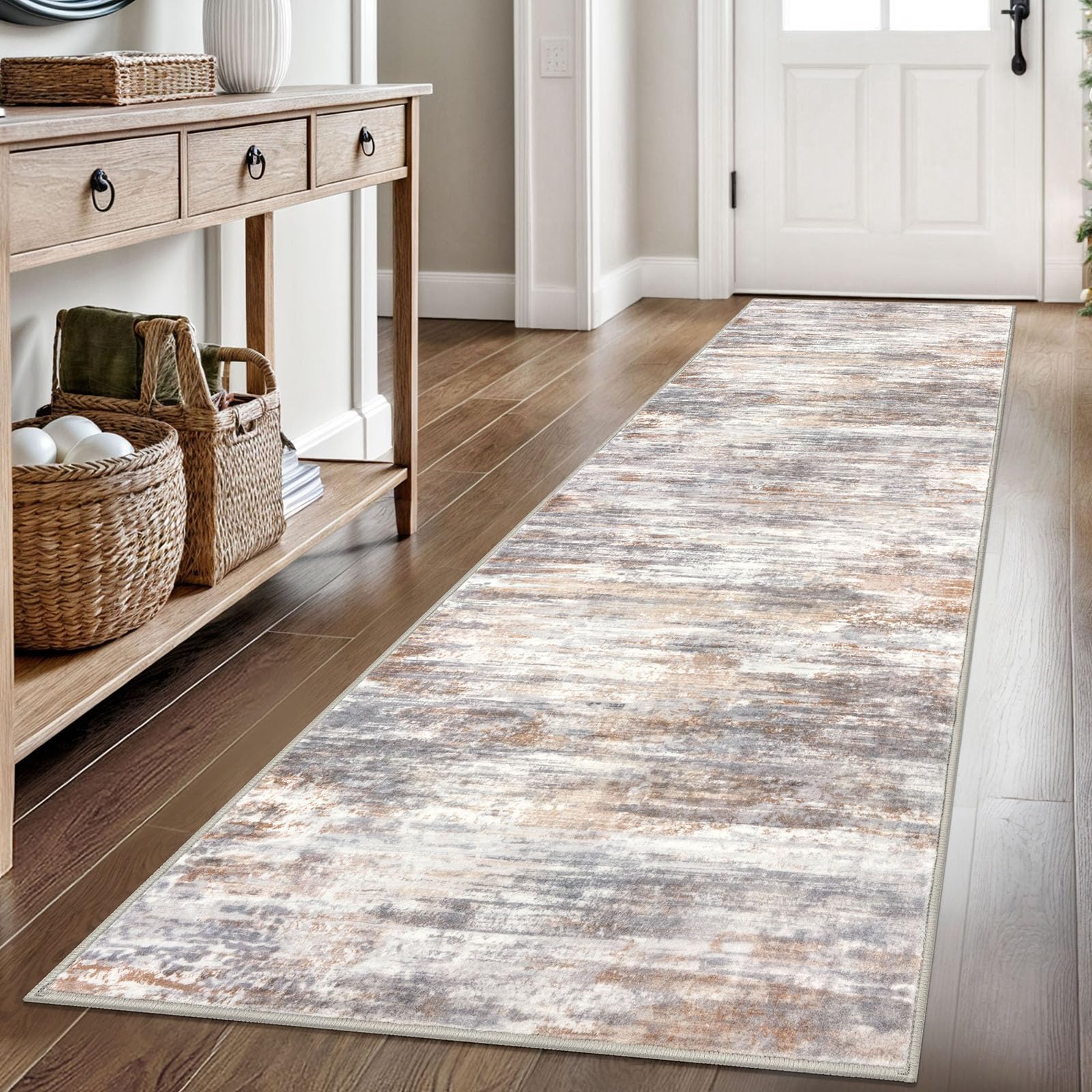 KOZYFLY Modern Abstract Hallway Runner Rug, 2.6x8 Washable Rug Runner Non-Slip Soft Striped Kitchen Runner Rugs, Print Multi Grey Carpet Runner for Entryway Bathroom Laundry Room Foyer — image 1