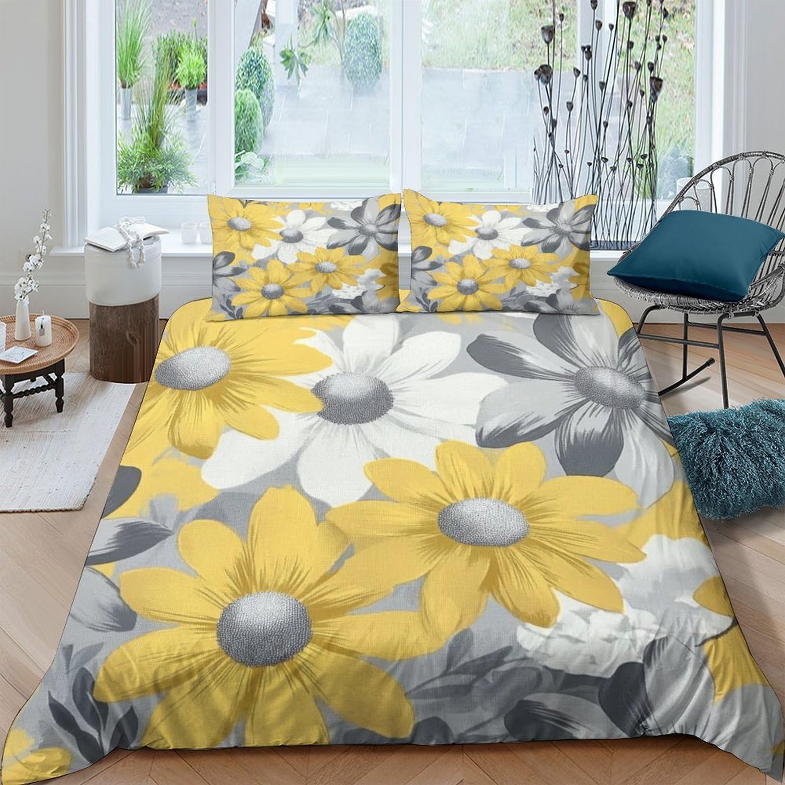Ctjqhvkz Style-9 3D Printed Yellow Floral Fitted Sheet Microfiber Soft Breathable Grey Daisy Bed Sheet For Bedroom Guest Room Decor Single（135X200cm）