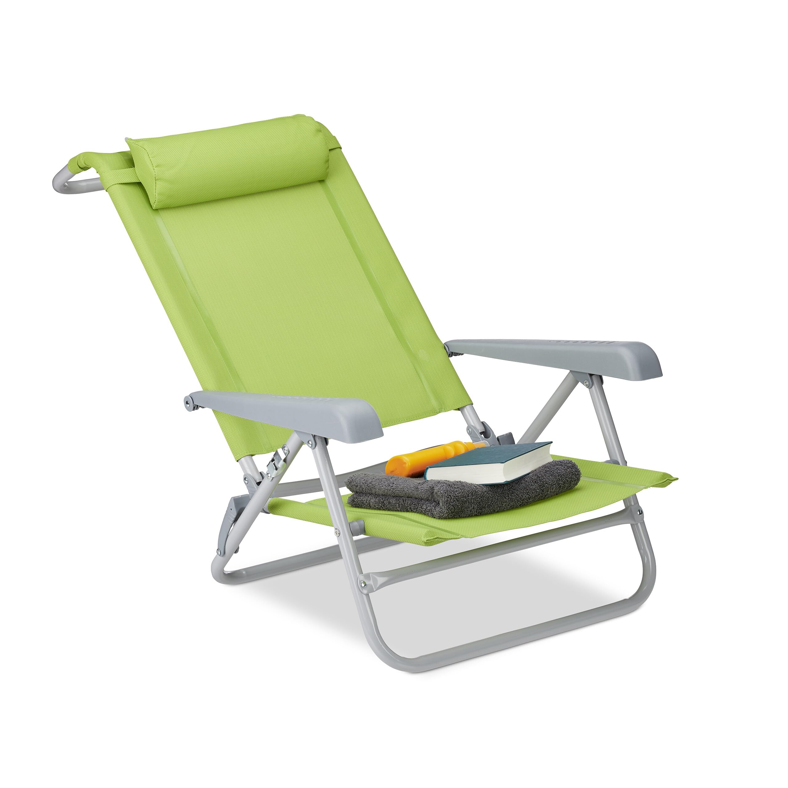 Relaxdays Sedia Pieghevole, Poggiatesta, Apribottiglia, Braccioli Regolabili, 120 kg, Plastica, Acciaio, Verde