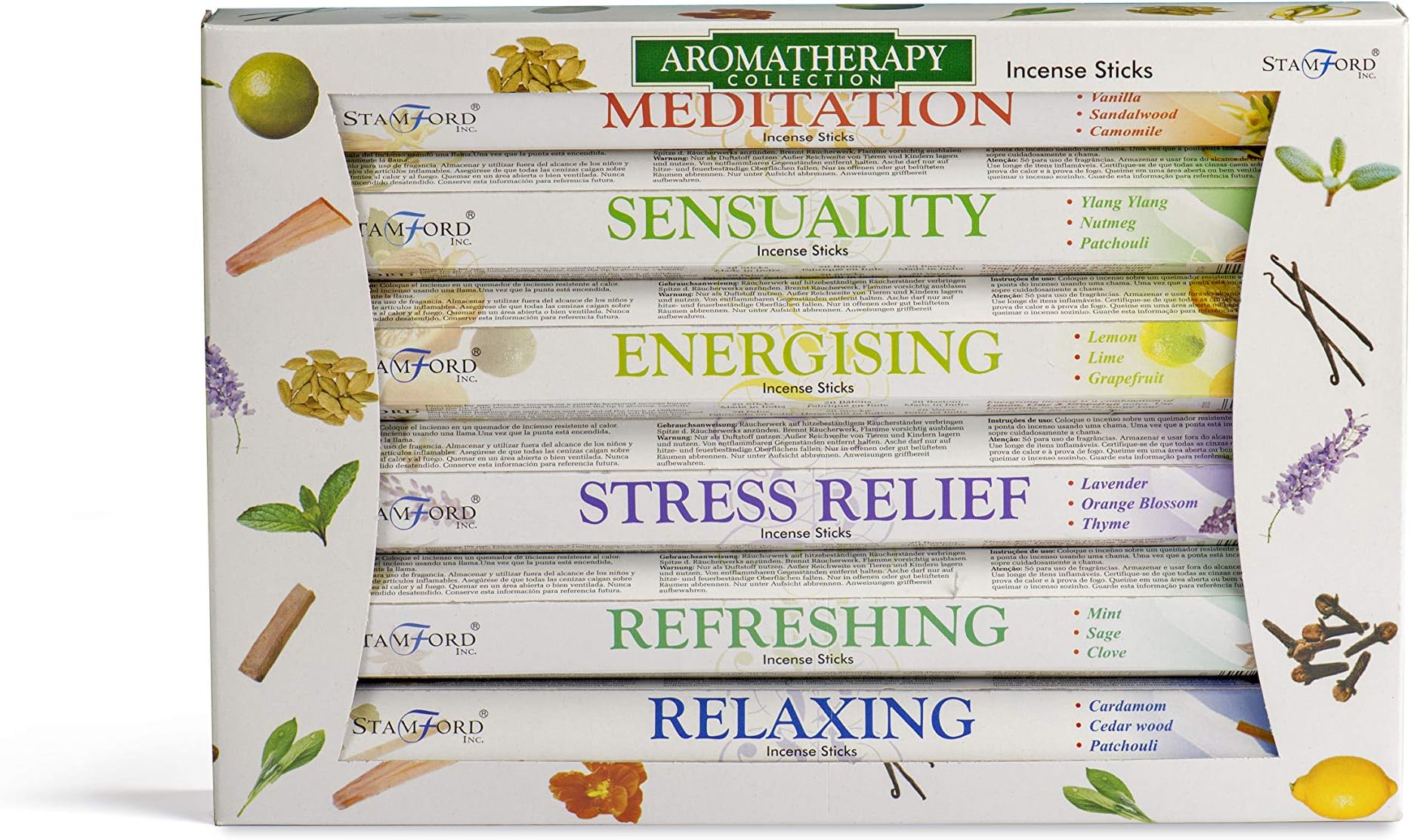 Stamford INC. 37322 Premium Aromatherapy Hex Range Sticks-Relaxing, Stress Relief, Meditation, Refreshing, Sensuality & Energising Incense Gift Pack, Black, One Size