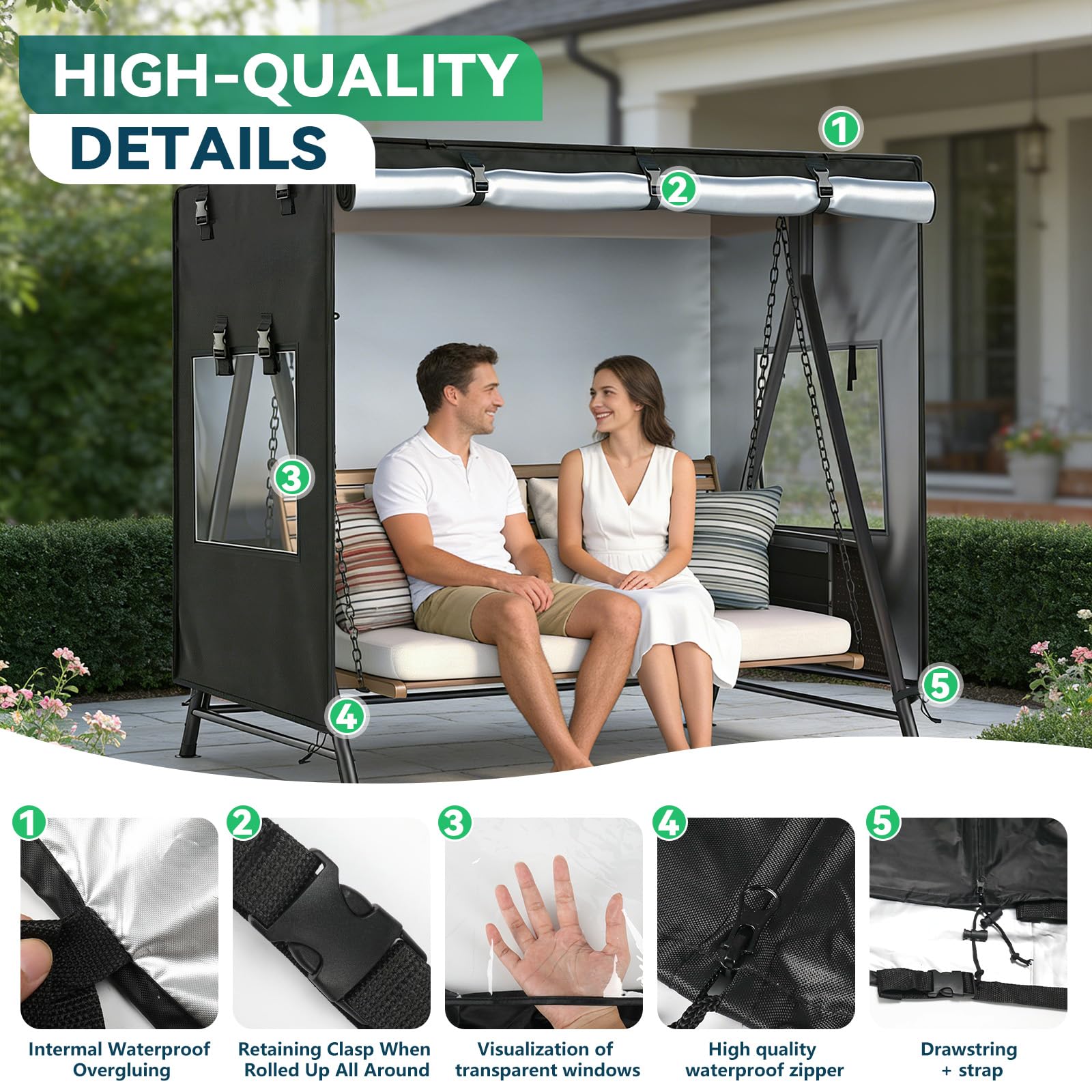 WingFly Copertura per Dondolo da Giardino, 3 Posti Copertura Altalena Impermeabile, Tessuto Oxford 420D Anti-UV, Telo Copri Dondolo da Esterno, per da Giardino Swing (215*125*170CM)