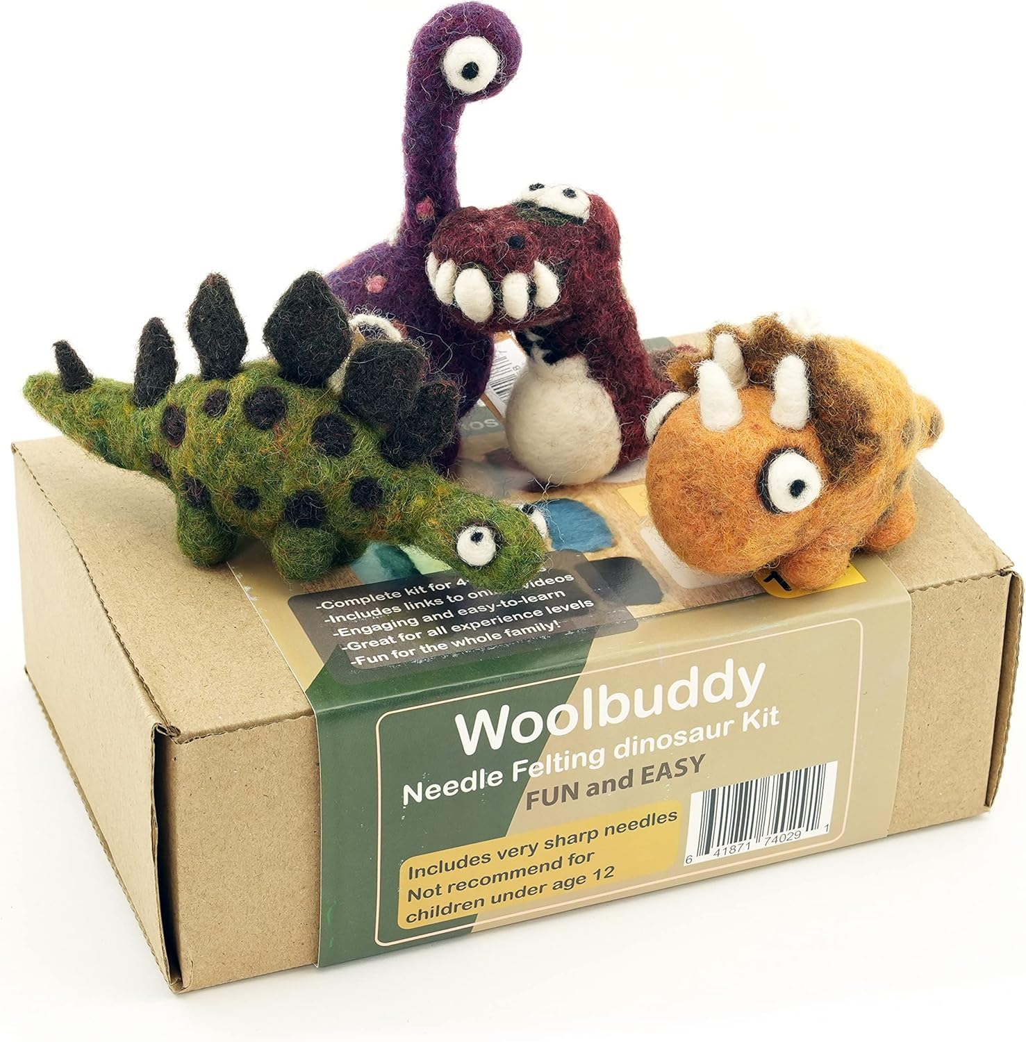 Woolbuddy Needle Felting Kit - Felted Dinosaurs for Beginners, Adults & Kids, Includes Wool, Pad, 4 Needles, and InstructionsOEKO-TEX STANDARD 100