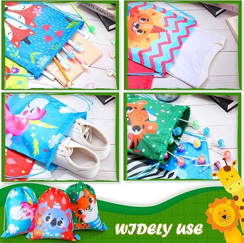 Miniatura 6 de Shappy 12 bolsas con cordón de animales de la selva con estampado de animales de dibujos animados, bolsas de recuerdos de fiesta para niños, safari,