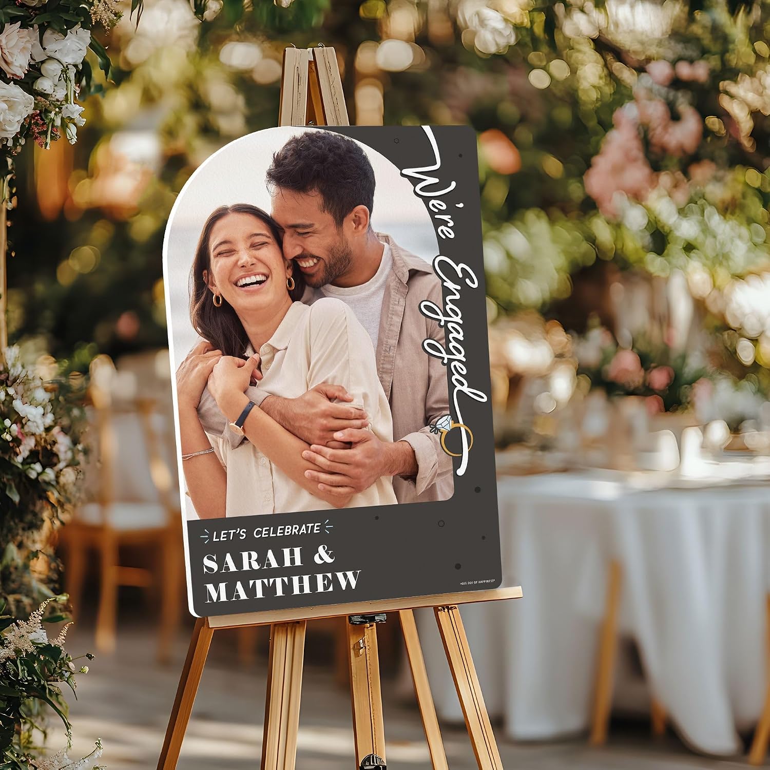 Big Dot of Happiness Custom Photo Engagement Party Welcome Sign, Personalized Black and White We're Engaged - Let's Celebrate Tabletop Decor Sign, Premium Matte Plastic Board, 11 x 17 inches