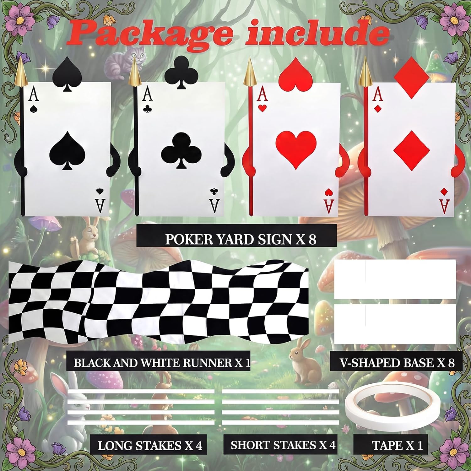 Novabright 5 Pcs Wonderland Tea Party Decoration 4pcs 24.8 x 15.7inches Queen's Cards Yard Signs with Stakes 118 x 24 Inches Black and White Aisle Runner Rug Carpet for Tea Party Decor