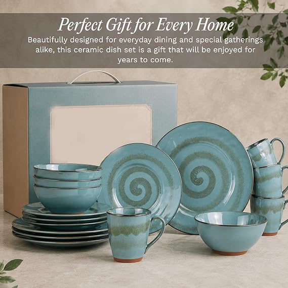 Sango 16-Piece Stoneware Dinnerware Set for 4, Glossy Blue & Green Coffee Mugs, Plates and Bowls Sets with Reactive Glaze, Ceramic Dish Set, Elegant Dishes, Microwave & Dishwasher Safe, Toren Denim