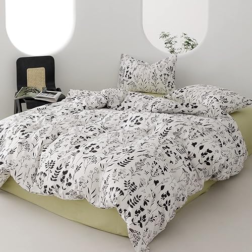 FADFAY Juego de funda de edredón en blanco y negro, ropa de cama floral, tamaño matrimonial, 100% algodón, funda de edredón botánica para niños,