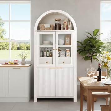 71" Arched Fluted Pantry Cabinet with Glass Doors