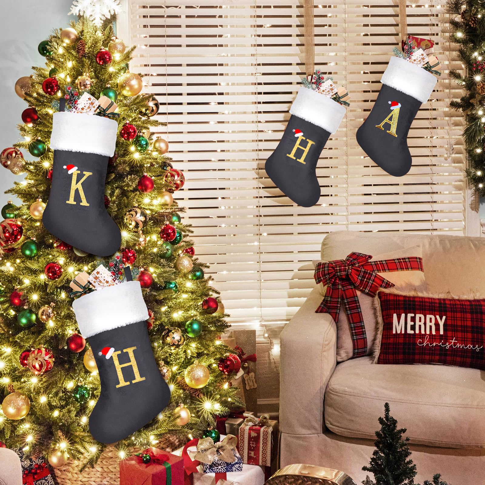 papasgix Personalisierte Weihnachtsstrümpfe mit Buchstaben Bestickter Nikolausstrumpf Christmas Stockings Plüschbündchen Kamin Deko Weihnachten Ornamente Geschenkhalter(Grau,5pcs)