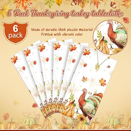 Miniatura 4 de Paquete de 6 manteles desechables de Acción de Gracias, manteles de plástico para mesas rectangulares, acuarela, pavo, calabaza, hojas de arce, para