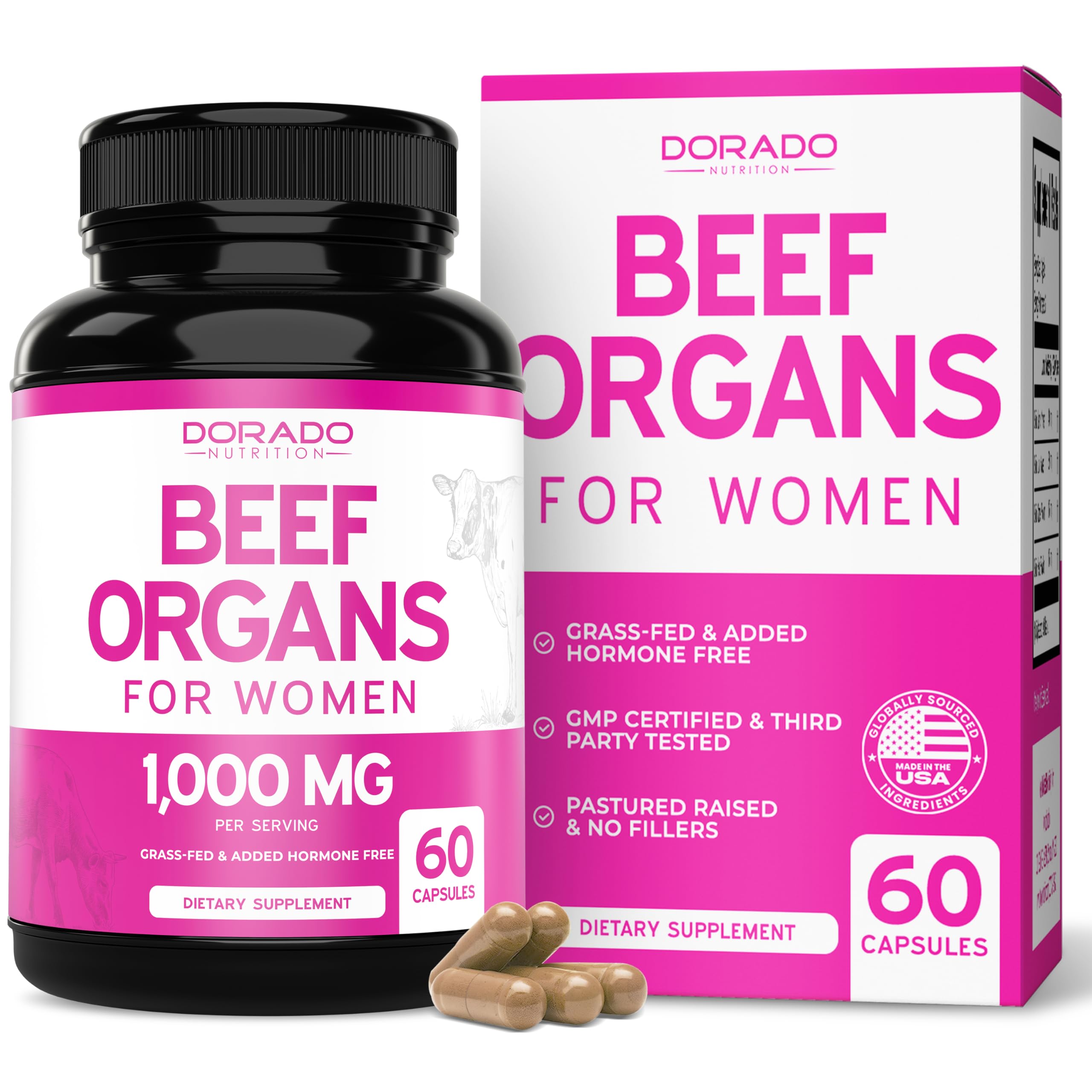 Beef Organ Supplement for Women - Grass Fed Beef Liver, Heart, Kidney & Uterus 1000mg Per Serving - Support Women's Energy & Overall Health - Third Party Tested & Non GMO - USA Made (60 Capsules) 60 Count (Pack of 1)