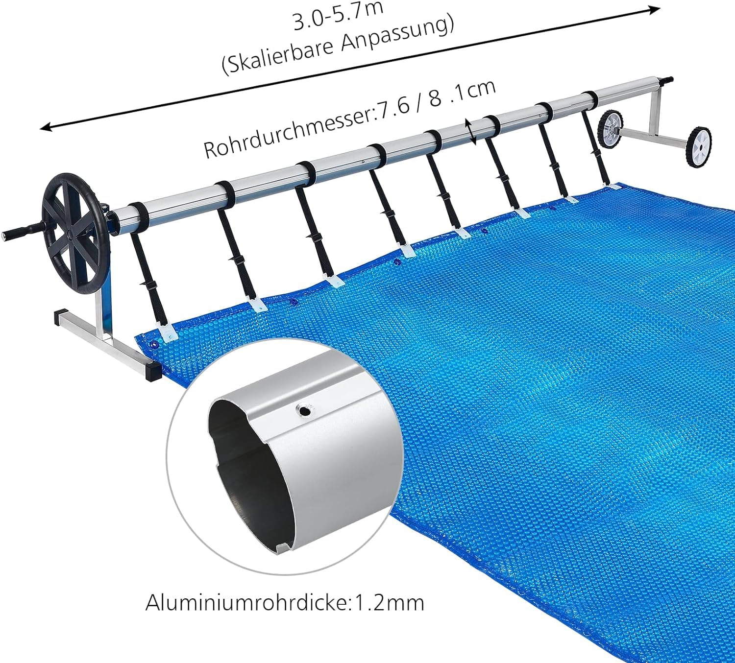 Sistema di avvolgimento, avvolgitore per piscina con nastri, resistente alle intemperie, avvolgitore per pellicole solari e teloni di copertura (3,0 – 5,7 m)