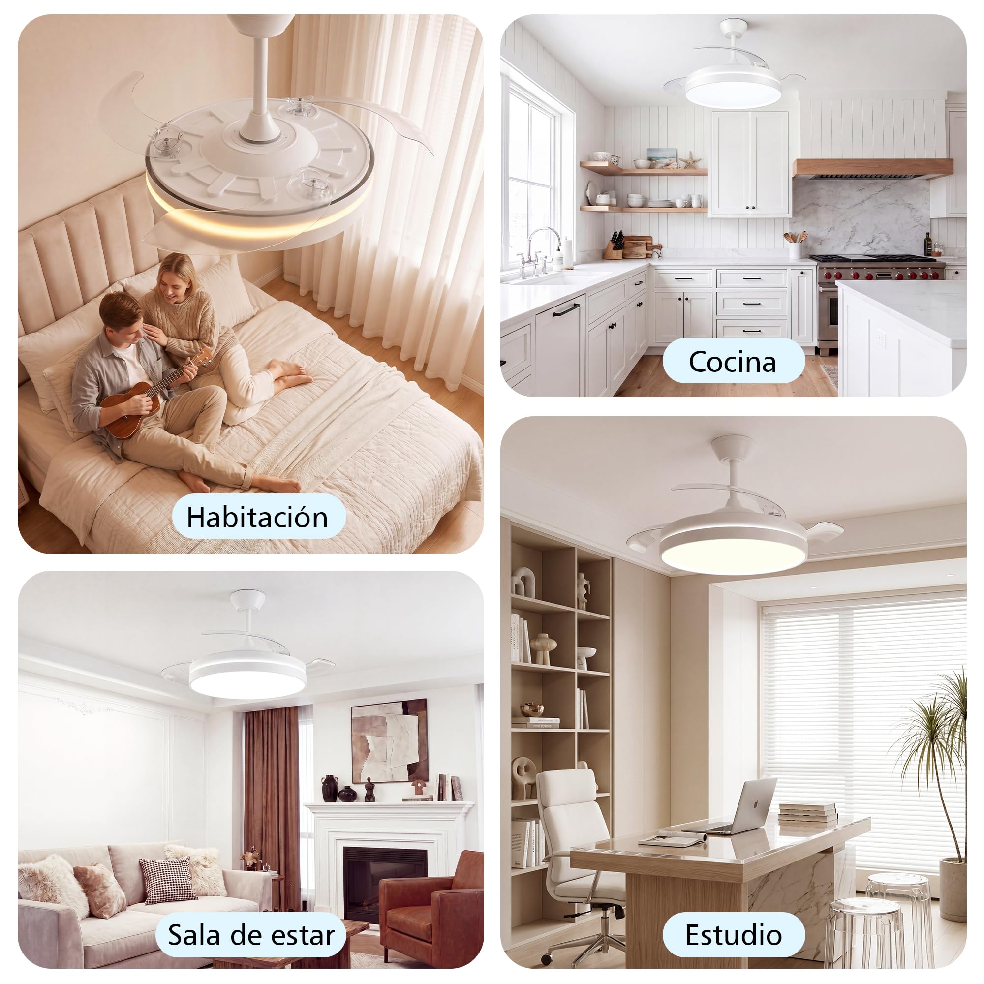 NIORSUN Ventilador de techo con luz,42" (106cm) Ventilador de techo,3 tonalidades, aspas desplegables, 40w 6 velocidades, APP&control remoto, Función Verano-Invierno,Blanco