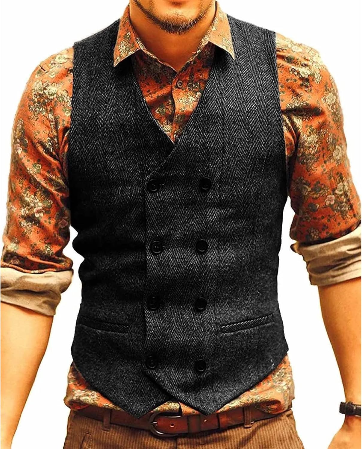 Men’s V Neck Double Breasted Vest Wedding Herringbone Tweed Collarless Waistcoat Men’s V Neck Double Breasted Vest Wedding Herringbone Tweed Collarless Waistcoat