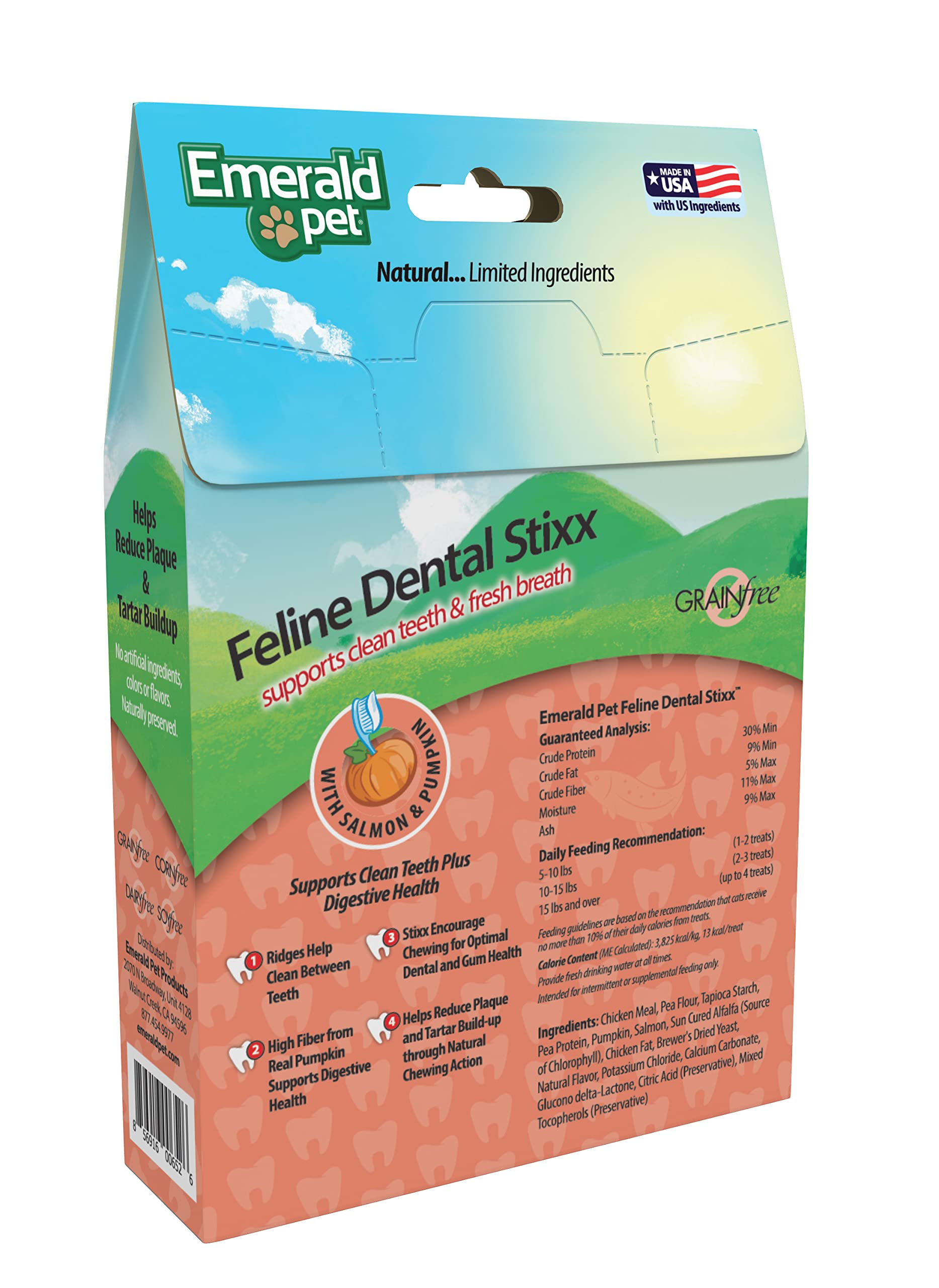 Emerald Pet Feline Dental Stixx — Tasty and Crunchy Cat Sticks with Pumpkin for Digestive Health — Natural Grain Free Dental Treats for Clean Teeth and Fresh Breath — Salmon, 3.6 oz - image 3