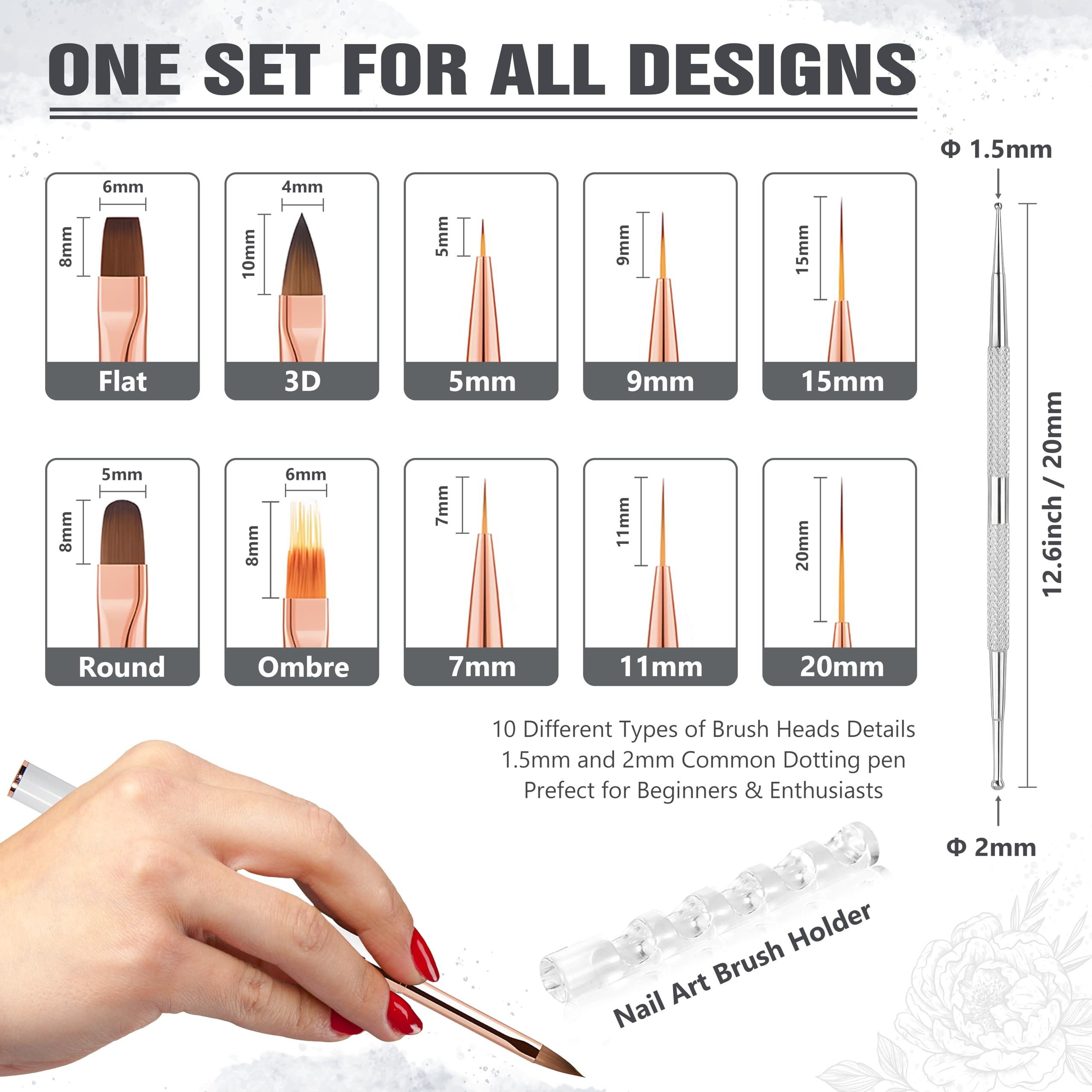Pinceles para arte de uñas, juego profesional de 5 pinceles acrílicos de doble punta para detalles, líneas largas, diseño degradado y 3D, perfecto para manicura y salones de belleza (blanco)