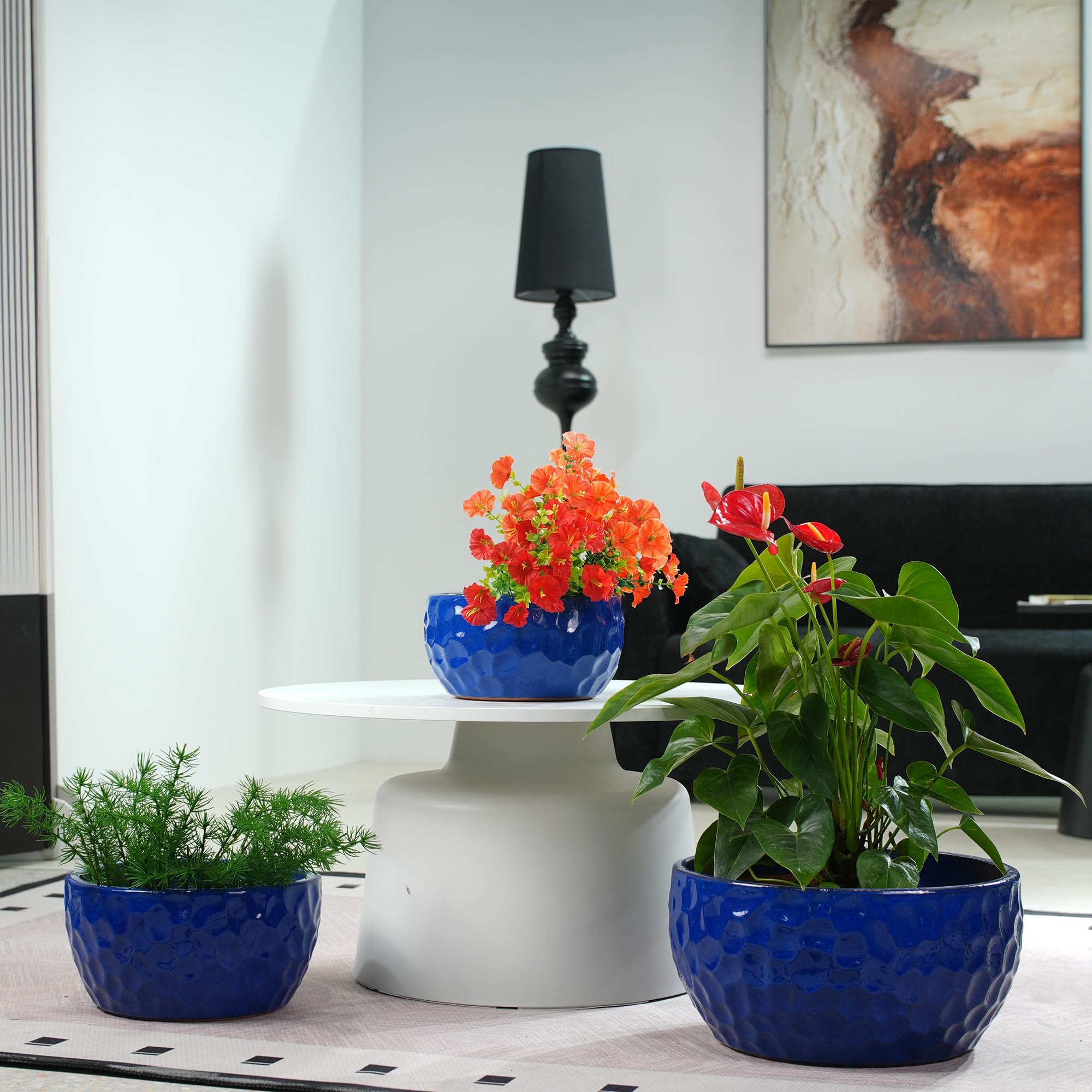 3-teiliges Keramik Pflanzentopf with Ablaufloch, 24.50/ 30,50/38 cm, Blau | Gehammerte Oberfläche, flacher Blumentopf