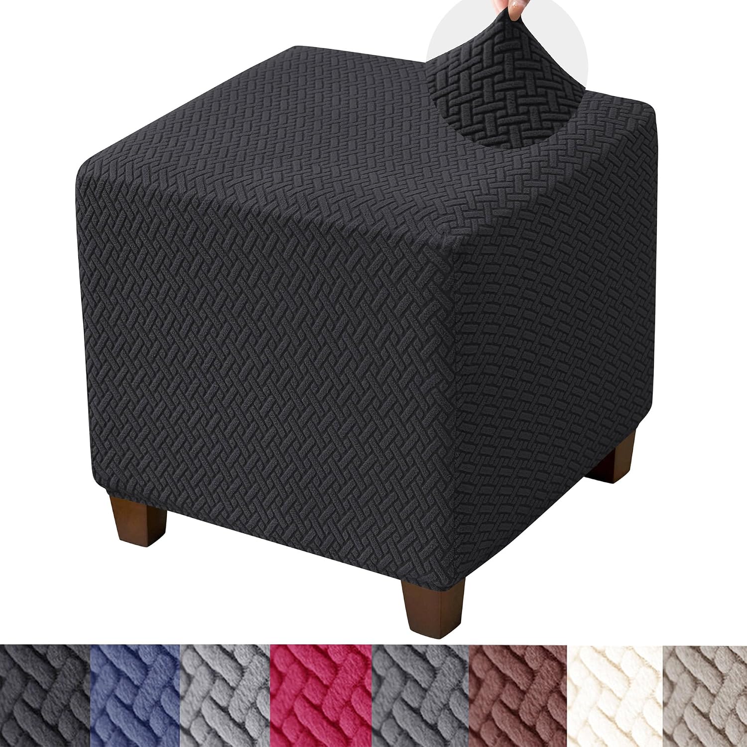 HFCNMY Ottoman Cover Square,Stretch Knitted Small Square Ottoman Slipcover,Storage Foot Stool Covers with Elastic Bottom Black