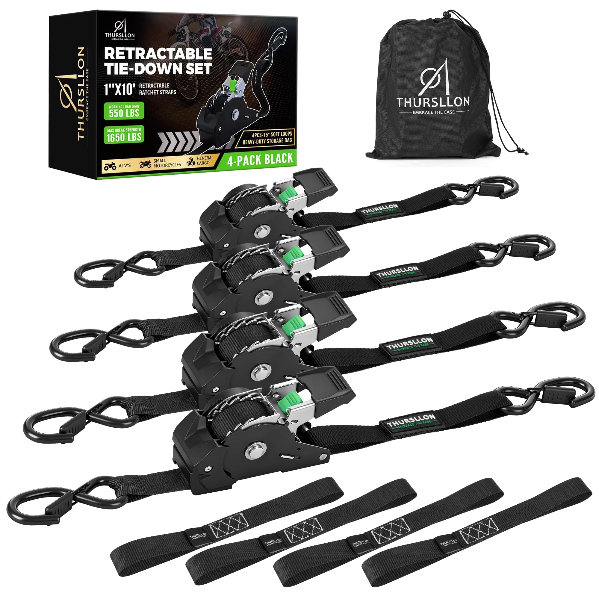 Retractable Ratchet Straps (4-Pack) - 1 Inch x 10 Feet (1,650lb Break Strength) - Auto Self Retracting Tie Down Straps for Truck, Cargo Trailer, Motorcycle, ATV, UTV - Black - 1