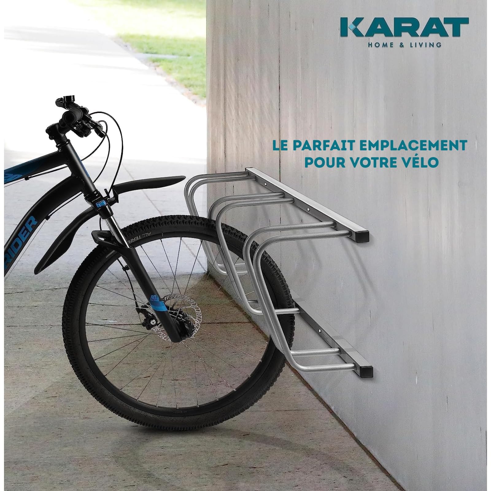 KARAT Rastrelliere per bicicletta in acciaio inox Linus per fino a 6 biciclette con pneumatici fino a 55 mm di larghezza, montaggio a terra o a parete, parcheggio per biciclette per esterni (argento